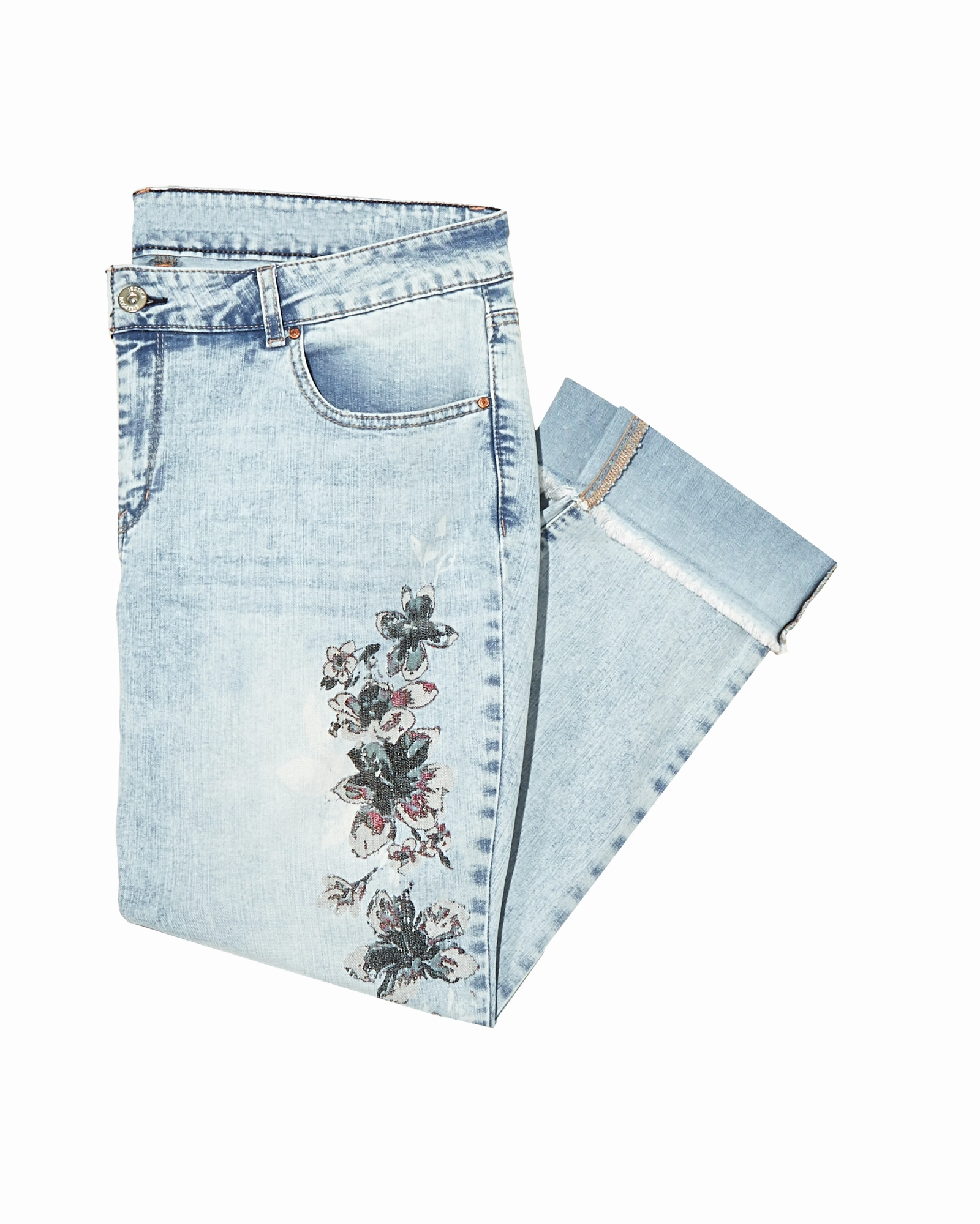 Sunny Vibes Casual Naomi Rolled Ankle Jean with Floral Design | Light Wash / Navy