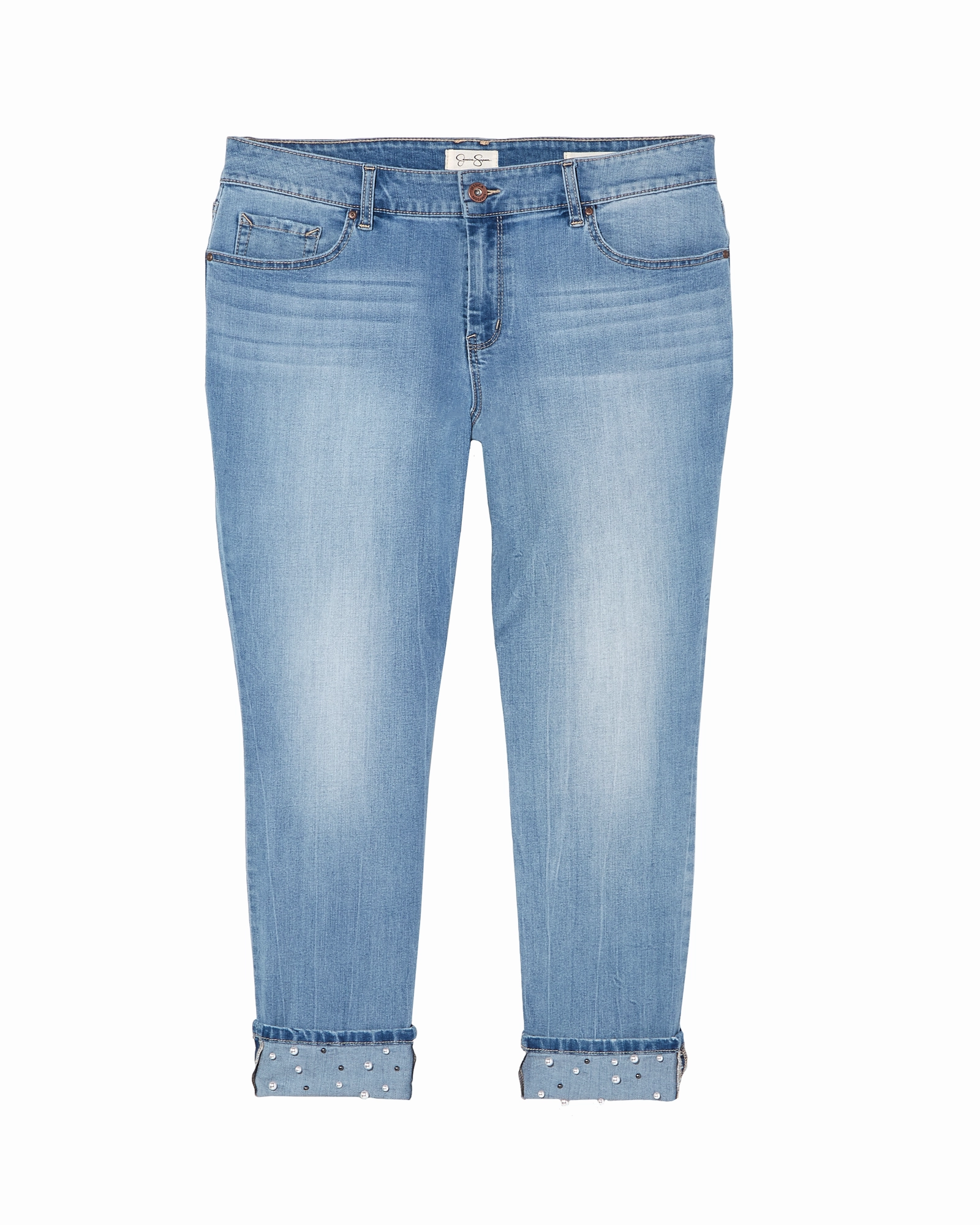 Weather Friendly Naomi Rolled Ankle Jean with Pearl Embellishments | Light Wash