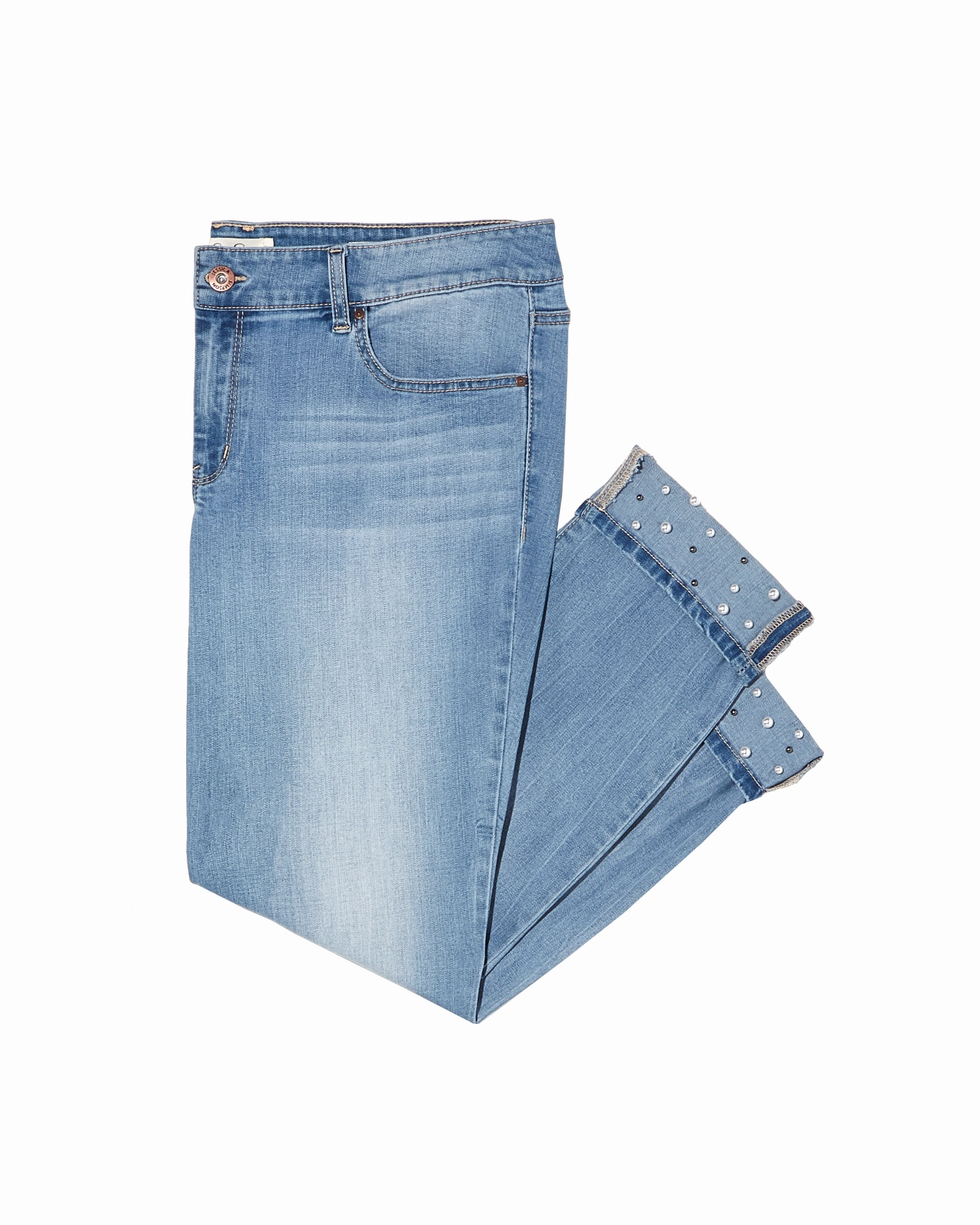 Naomi Rolled Ankle Jean with Pearl Embellishments | Light Wash Durable Weave Light material