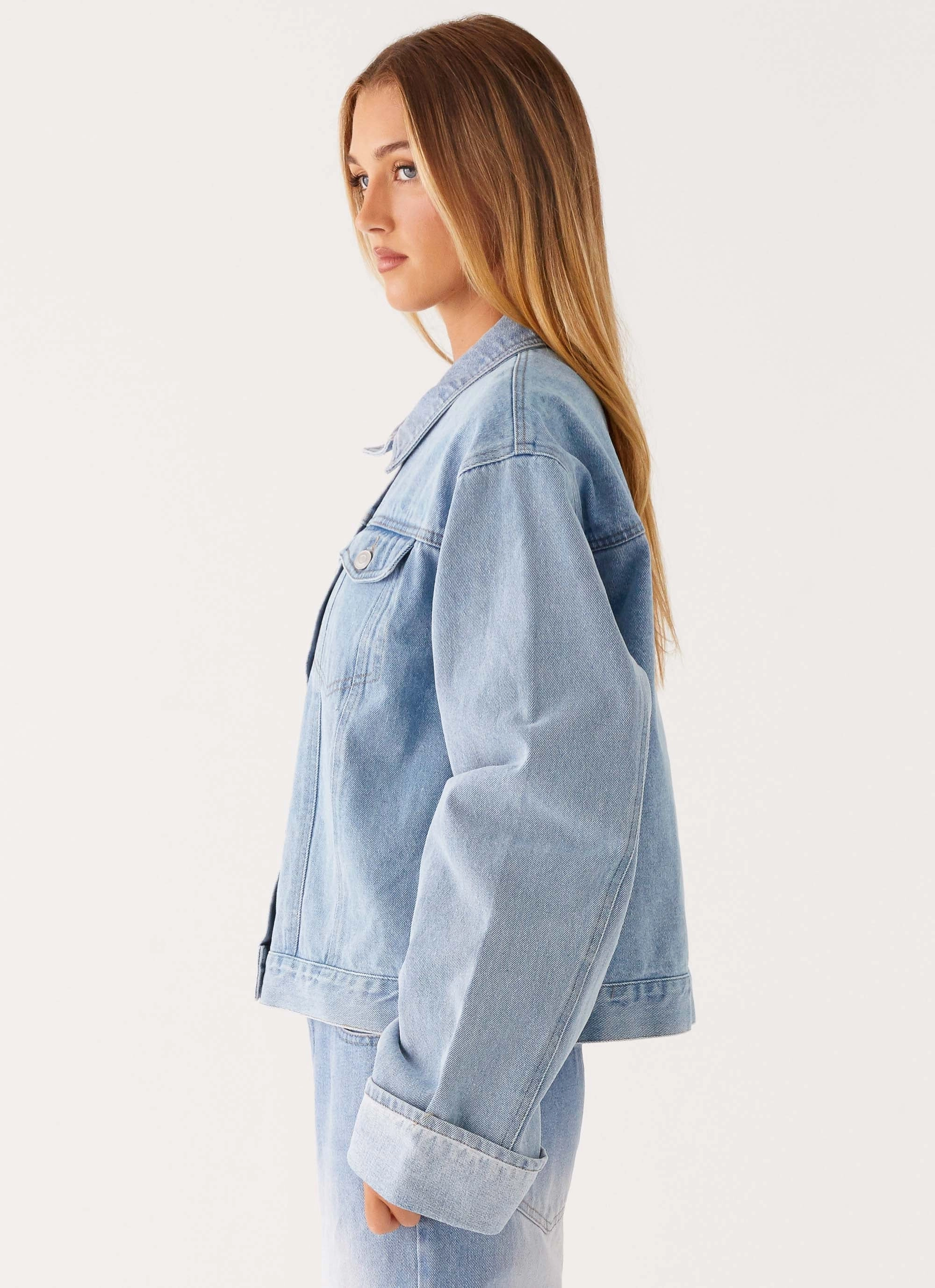 Back Again Oversized Denim Jacket - Light Wash Blue Bow-tie