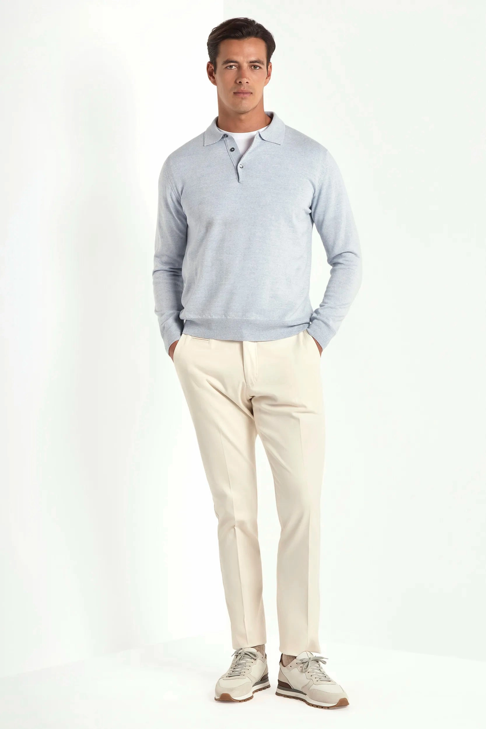 Light blue merino polo - Made in Italy Layered Stitch Details Mid Season