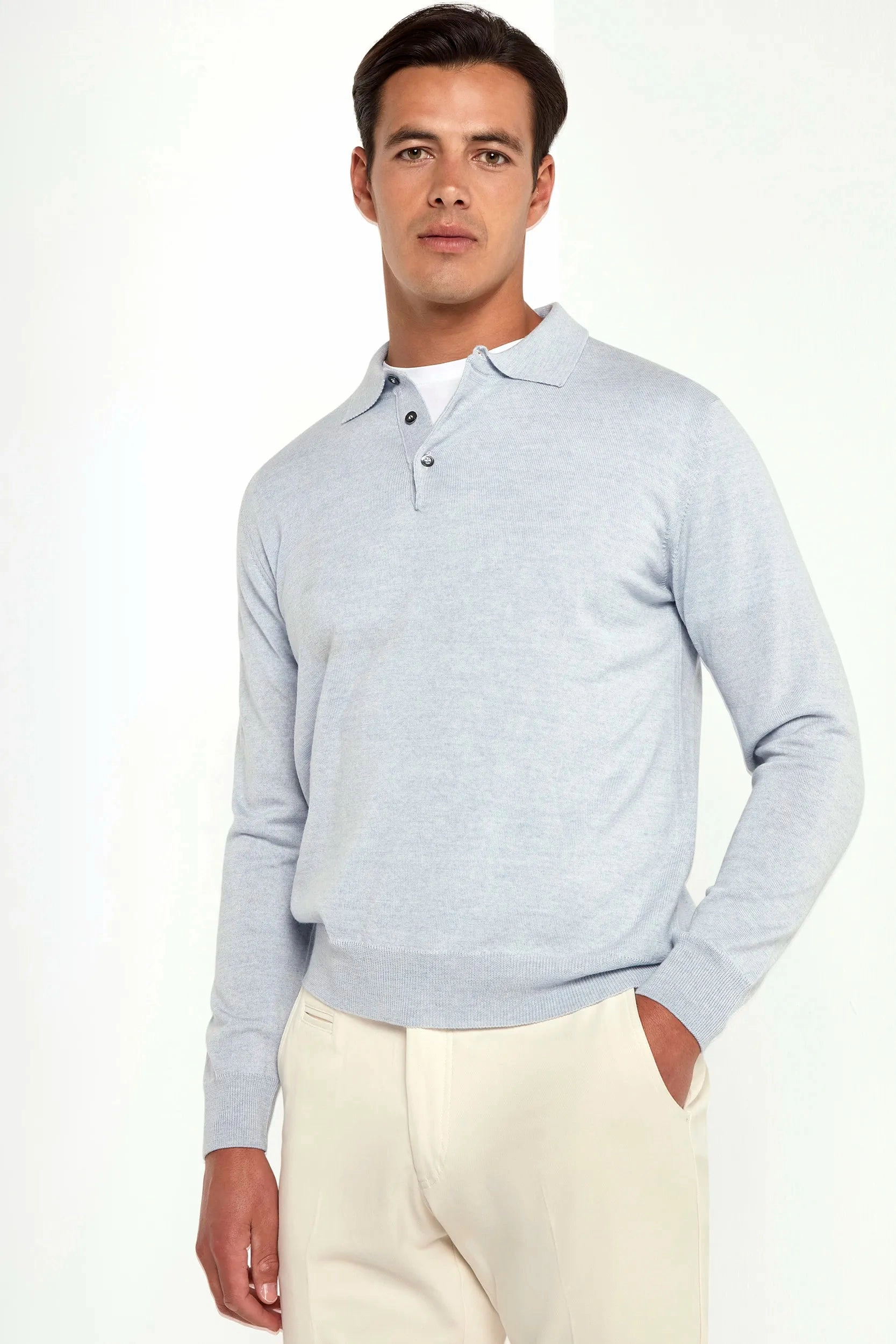 Light blue merino polo - Made in Italy Reinforced Hemline