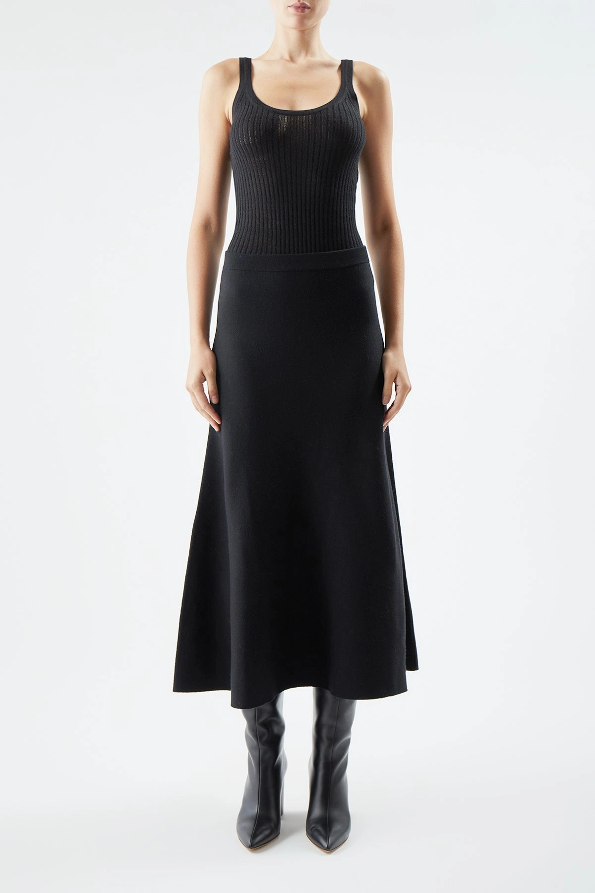 Nevin Pointelle Knit Tank Top in Black Cashmere Silk Airy Feel Flexible Layer