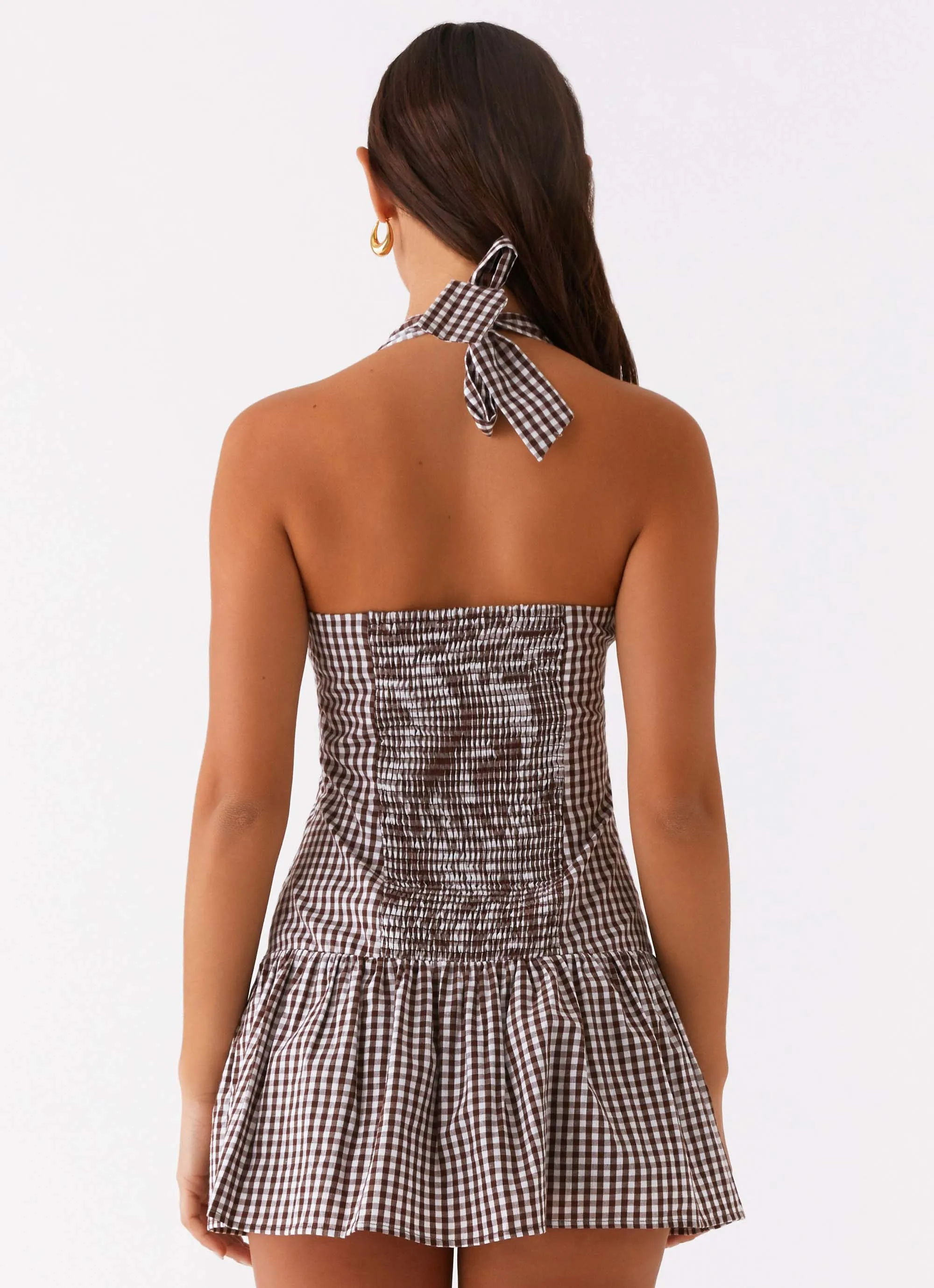 Elegant Detail Dreamy Motion New Look Shirred Halter Mini Dress - Chocolate Gingham