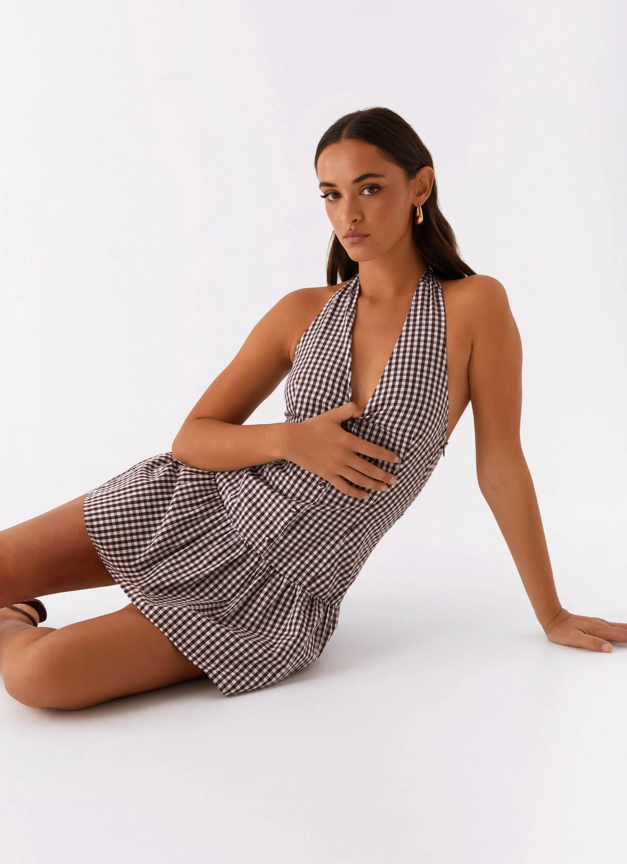 New Look Shirred Halter Mini Dress - Chocolate Gingham Spring Garden Easy Elegance