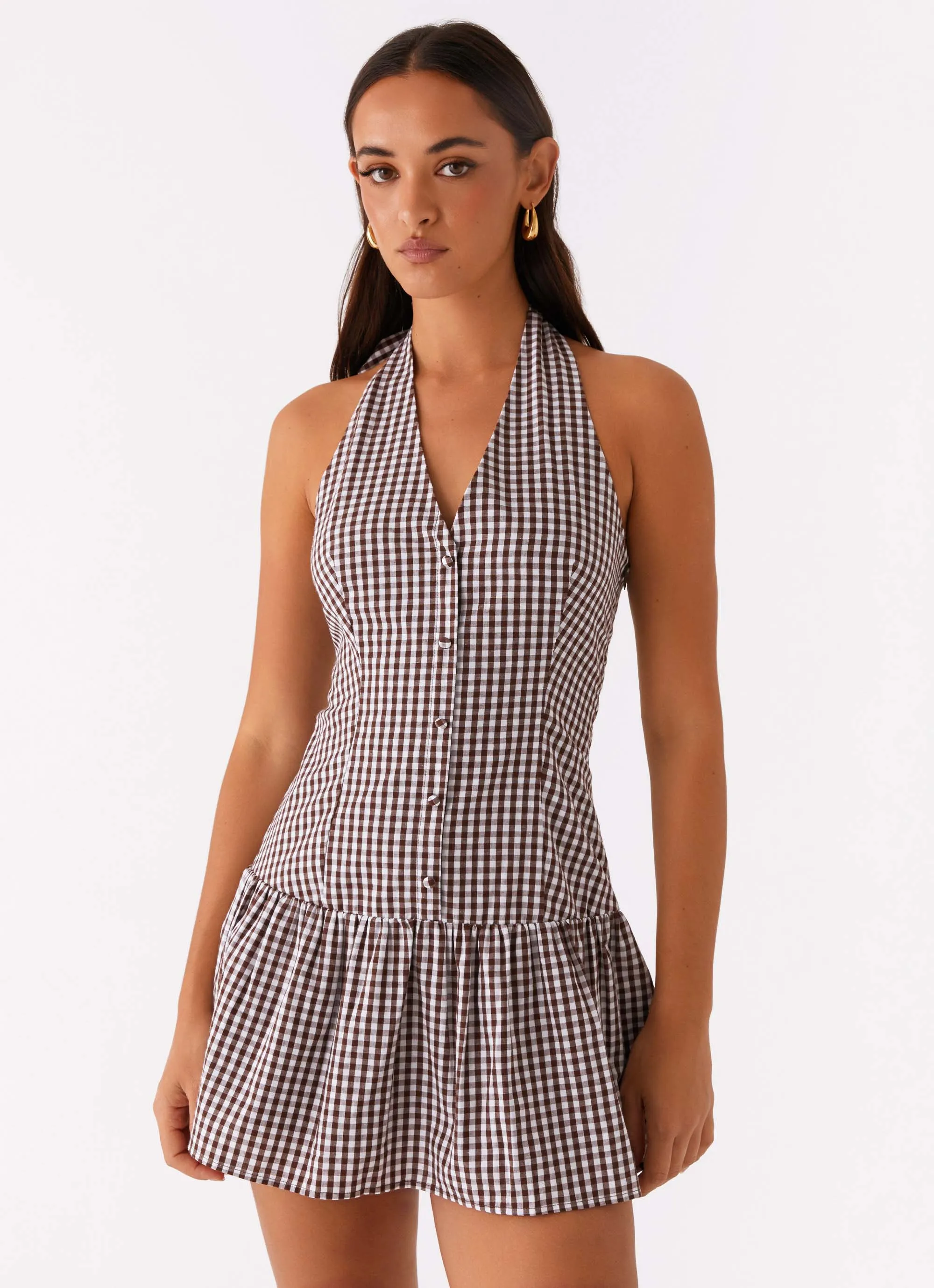 Saturated Hue Street Flex New Look Shirred Halter Mini Dress - Chocolate Gingham