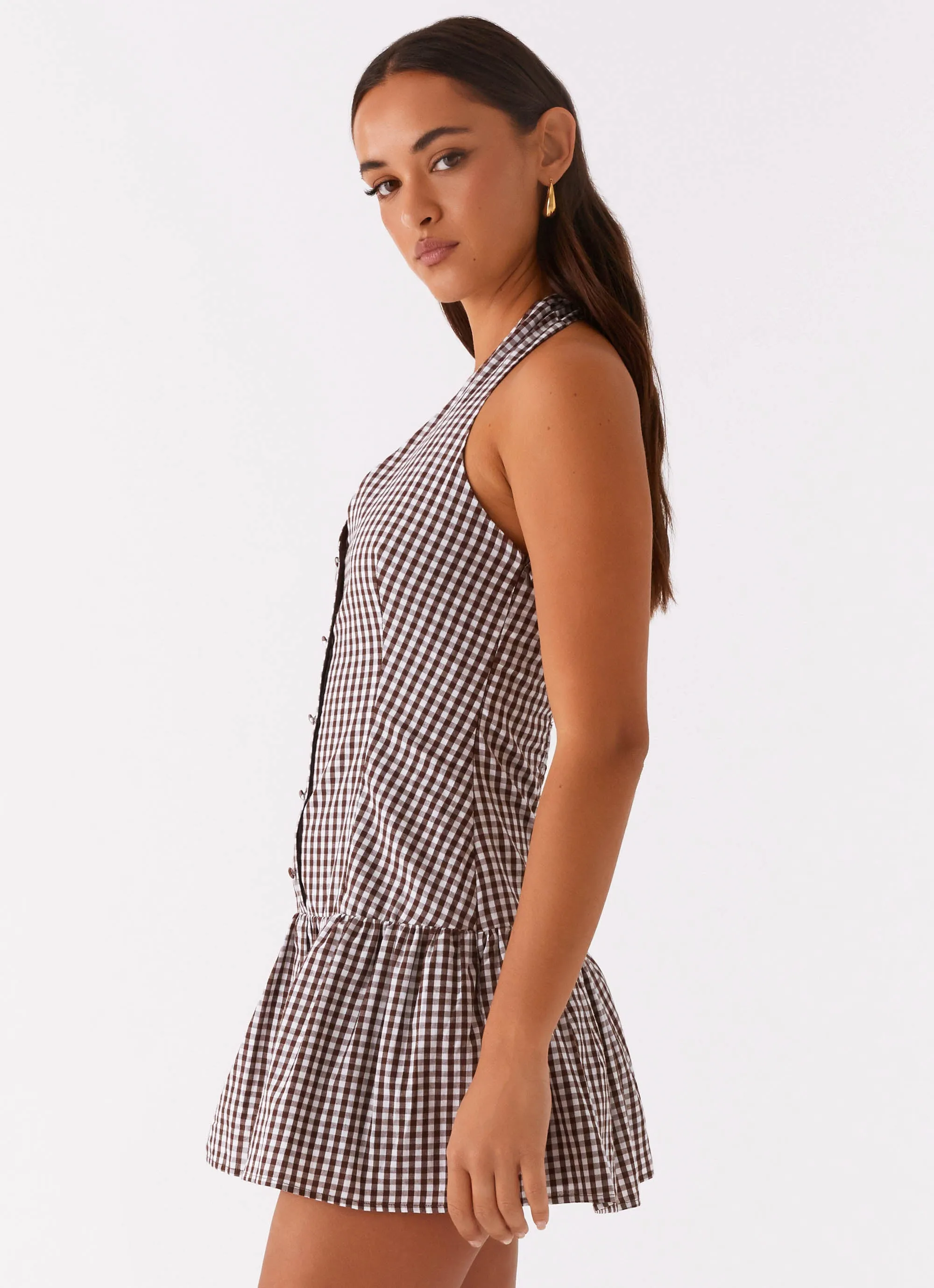 New Look Shirred Halter Mini Dress - Chocolate Gingham Polished Look Perfectly Fitted