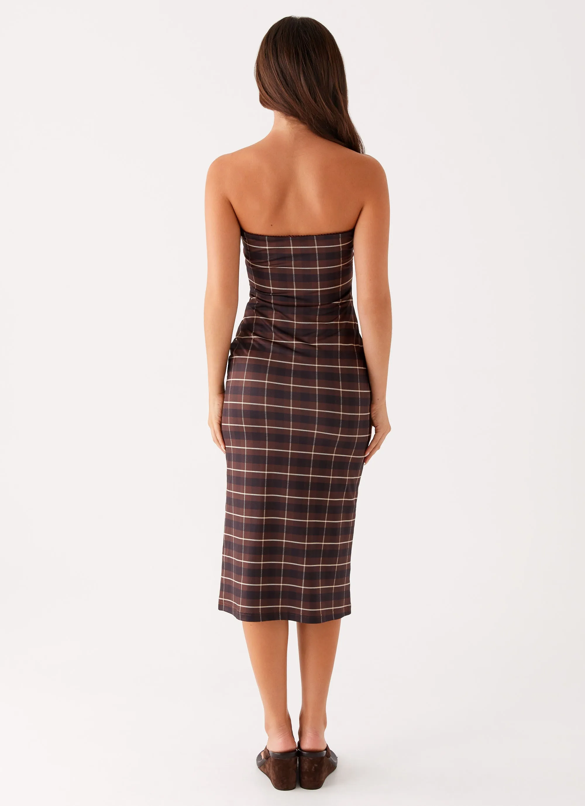 Playful Twist Niko Strapless Midi Dress - Brown Black Check