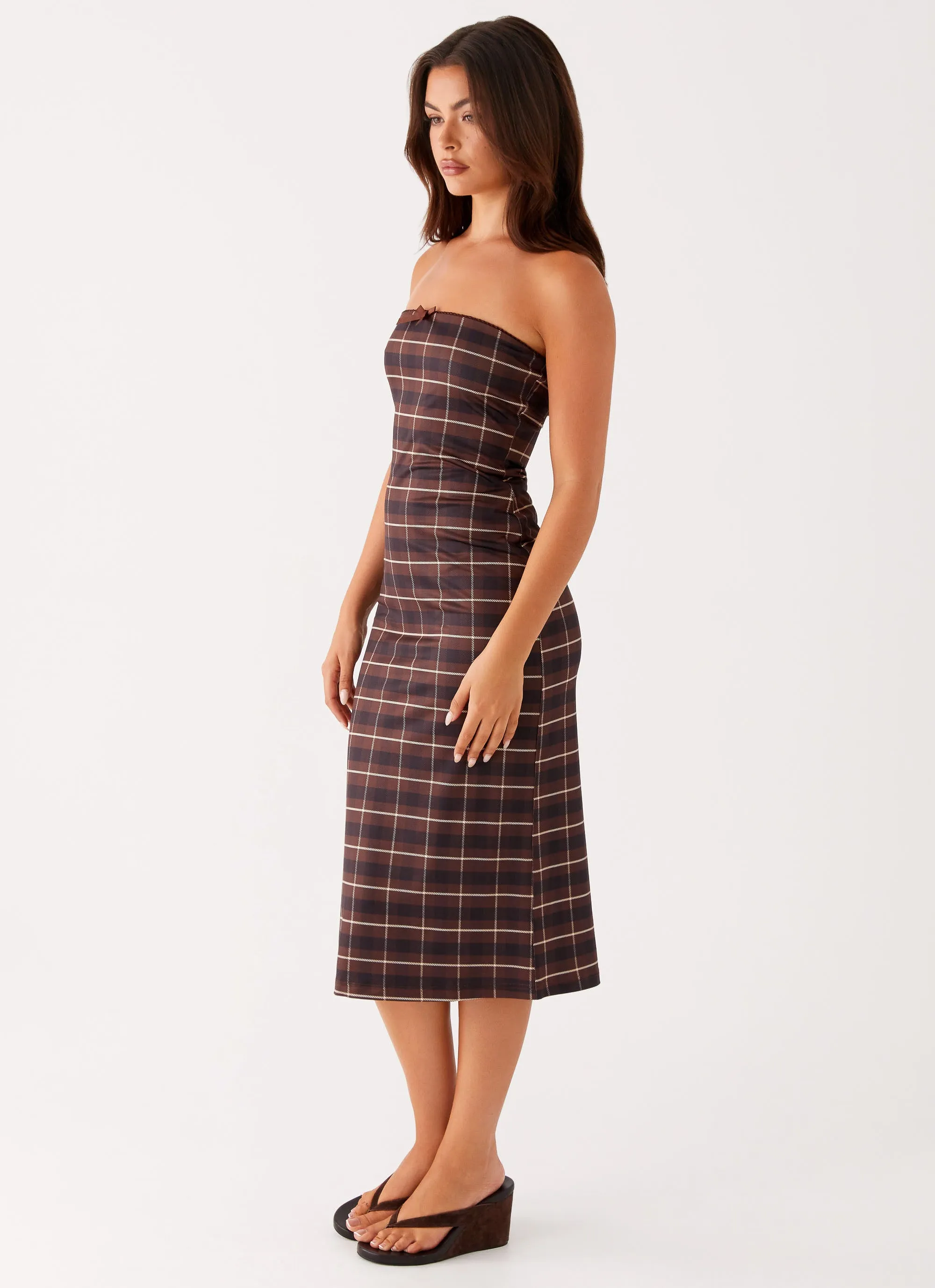 Niko Strapless Midi Dress - Brown Black Check Airy Movement Natural Tones