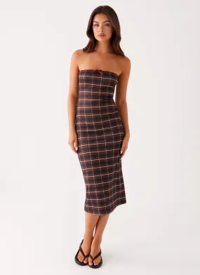 Earth-Tone Frayed-Edge Niko Strapless Midi Dress - Brown Black Check