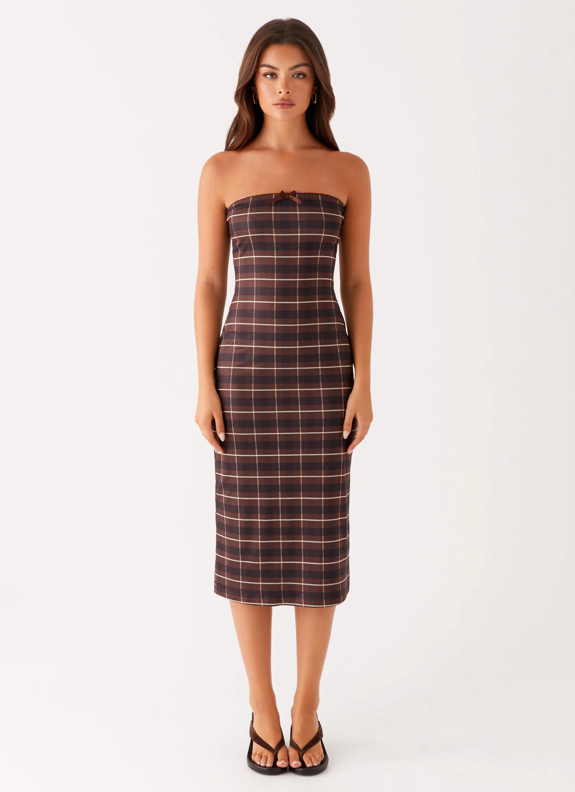 Niko Strapless Midi Dress - Brown Black Check Elegant Detail