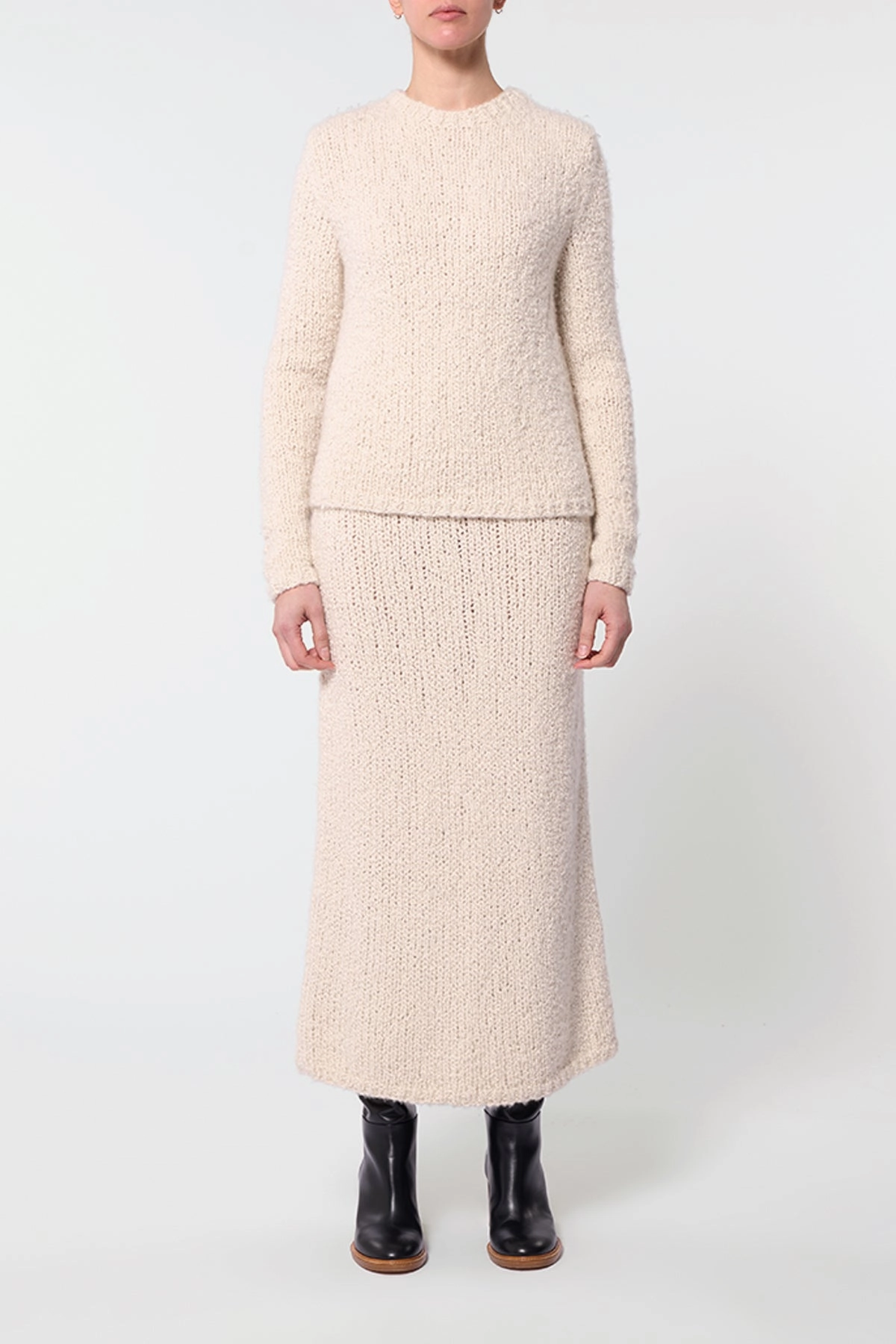 Milne Knit Maxi Skirt in Ivory Cashmere Boucle Soft Ribbed Texture