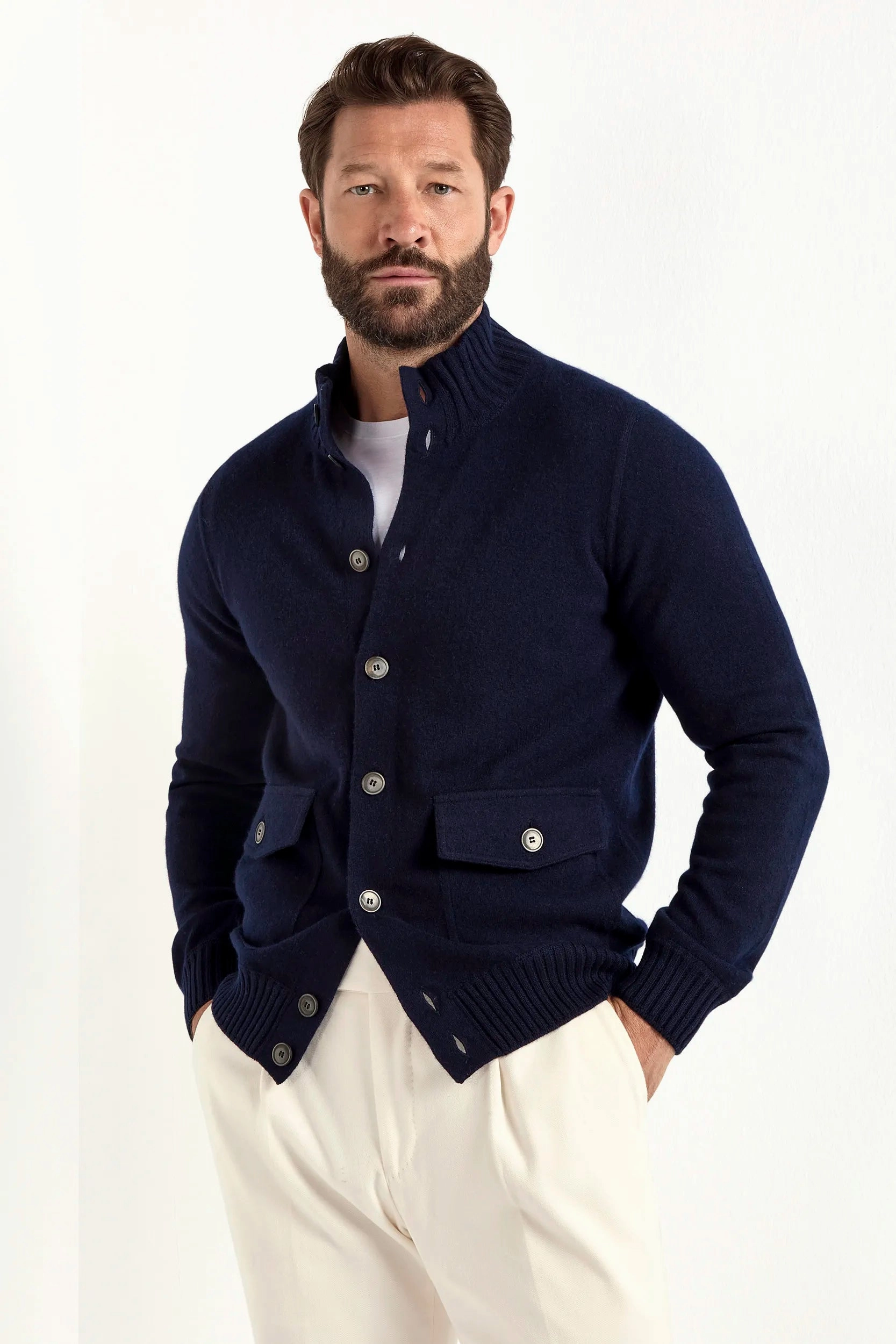 Blue cashmere knitted bomber ?C Made in Italy Textured Surface
