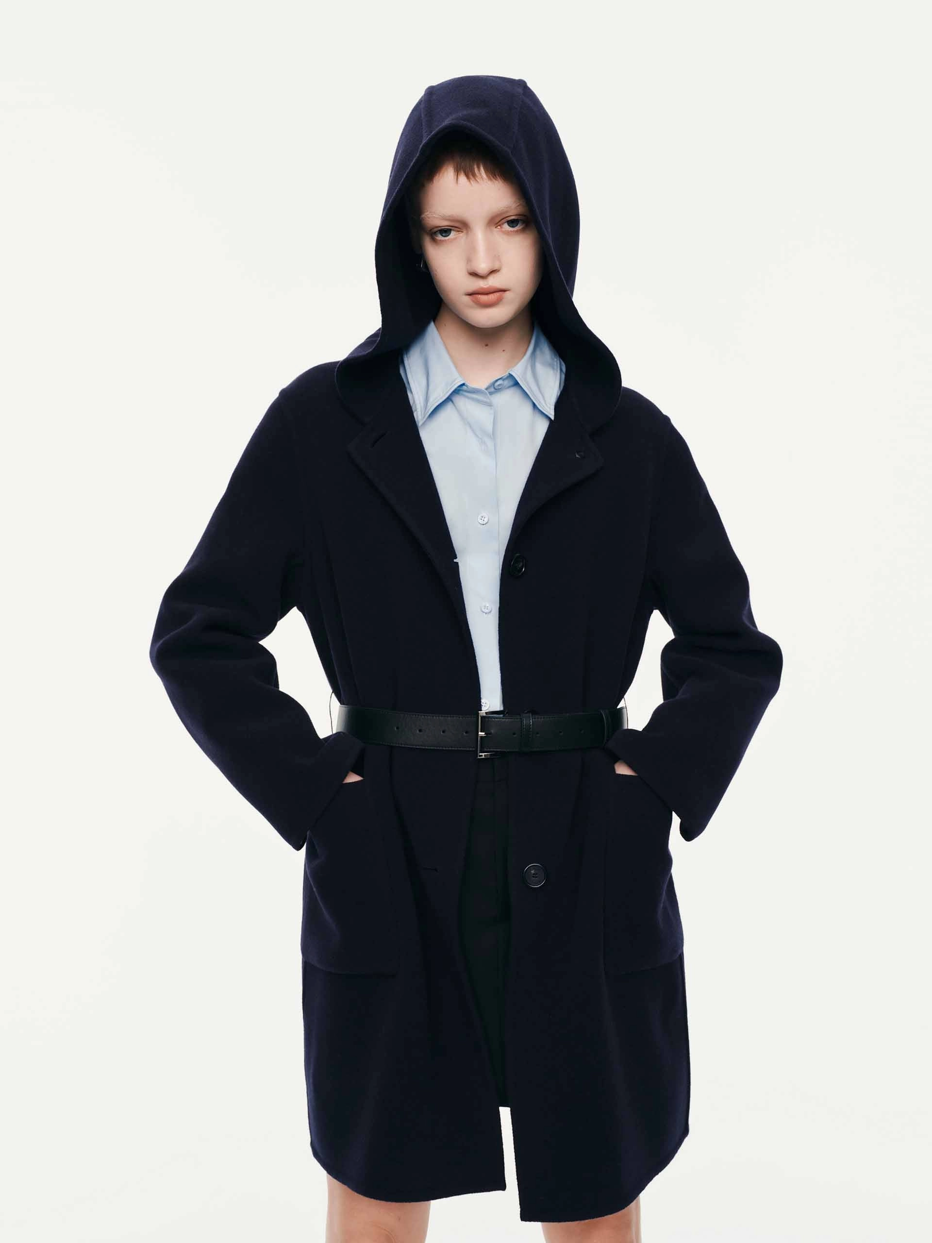 Classic Urban Wear Ergonomic Tailoring With Belt Hooded Coat