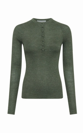 Anges Knit Henley in Olive Cashmere Silk with Hemp Garment Dye Process ZeroWaste Manufacturing
