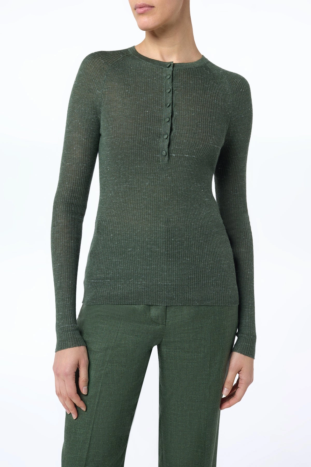 Anges Knit Henley in Olive Cashmere Silk with Hemp Basic Style Tagless Label System