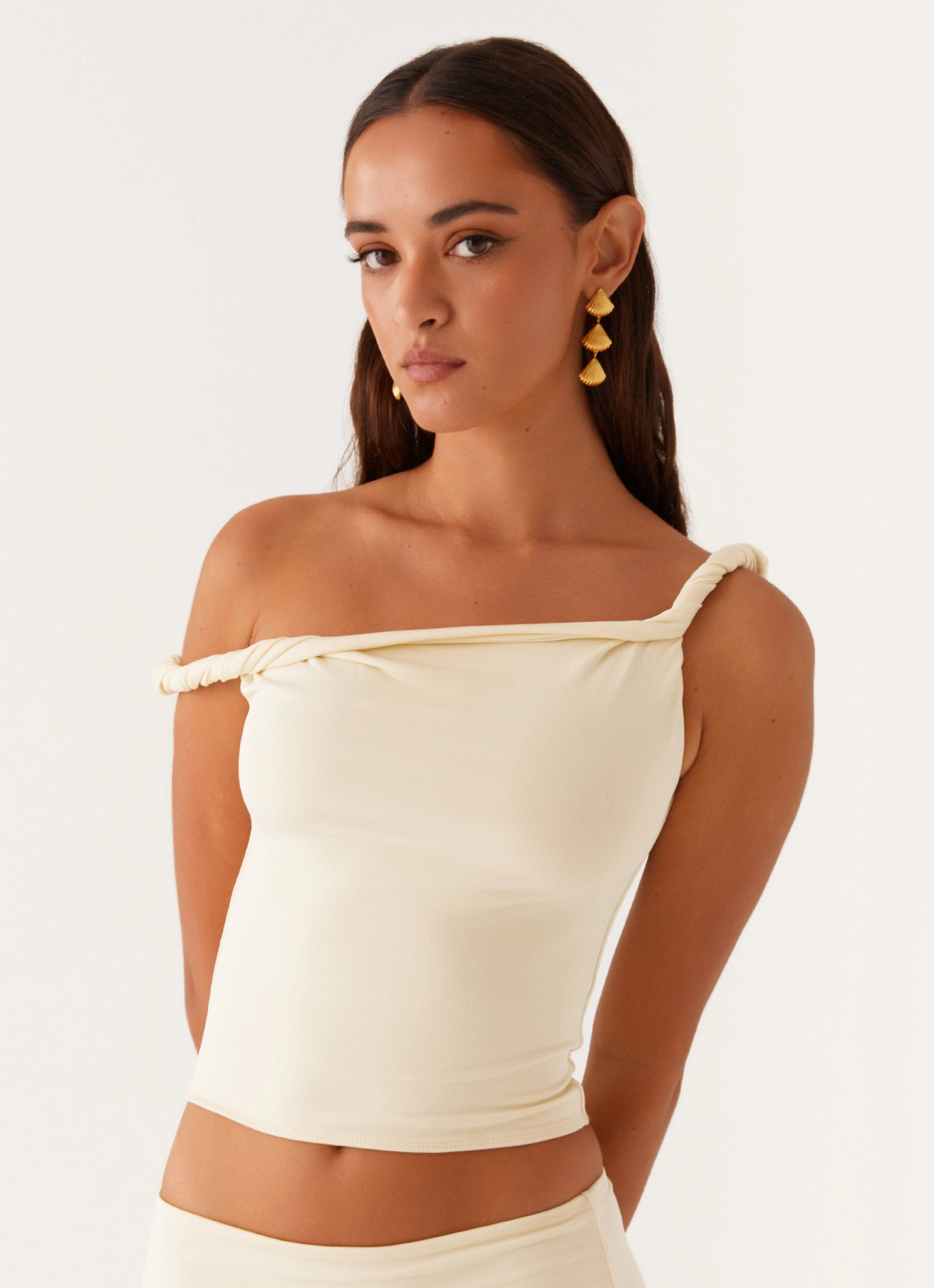 Solace Soul Twist Shoulder Top - Yellow construction workers