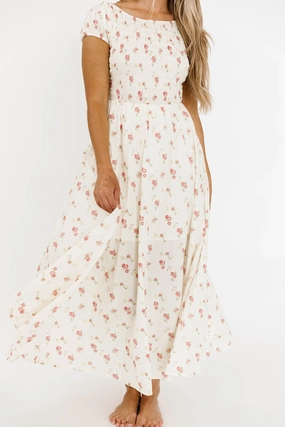 Denise 100% Cotton Smocked Maxi Dress with Piecing and Strappy Back in Cream Floral Soft and Chic