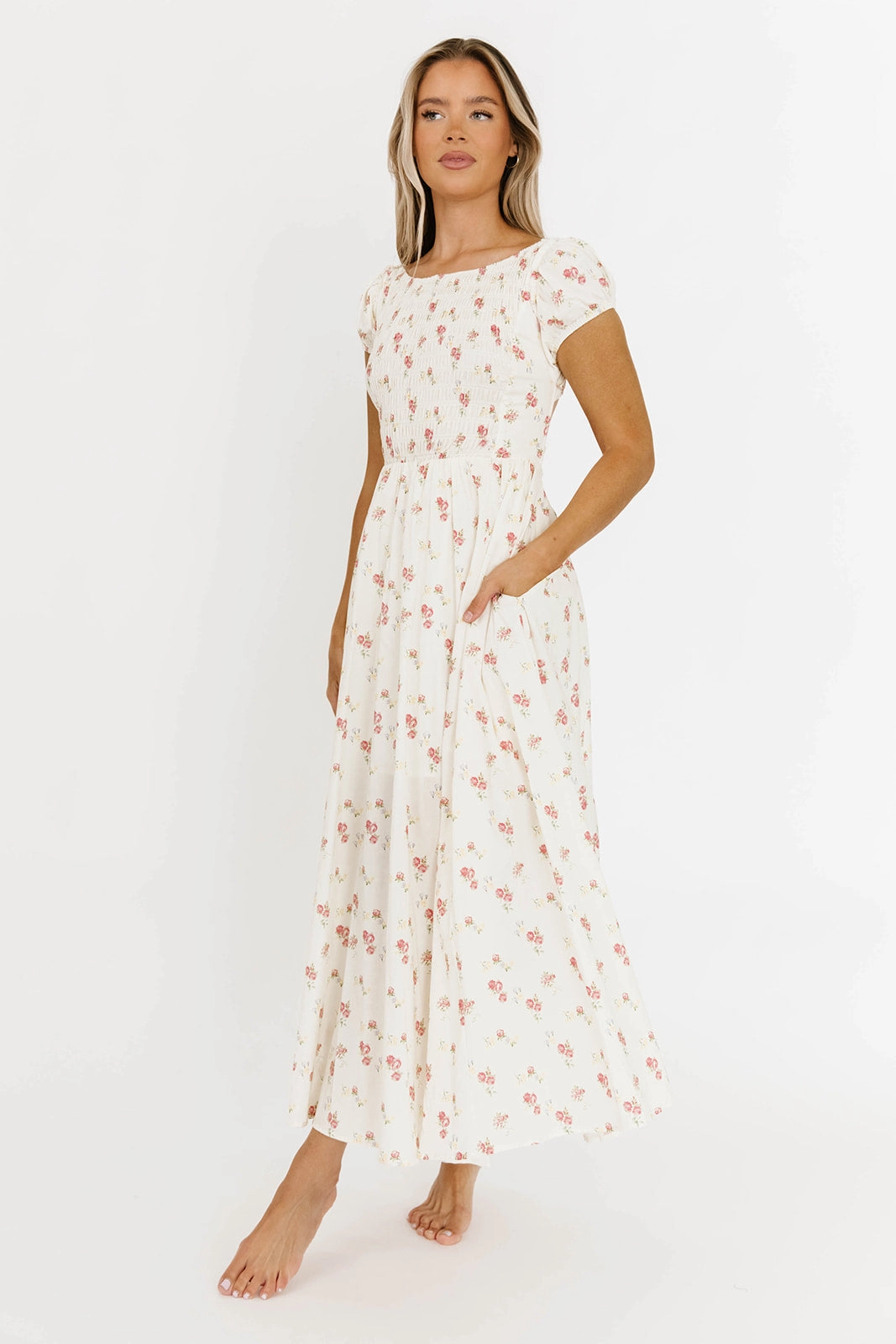 Denise 100% Cotton Smocked Maxi Dress with Piecing and Strappy Back in Cream Floral Warm Base Summer Wardrobe