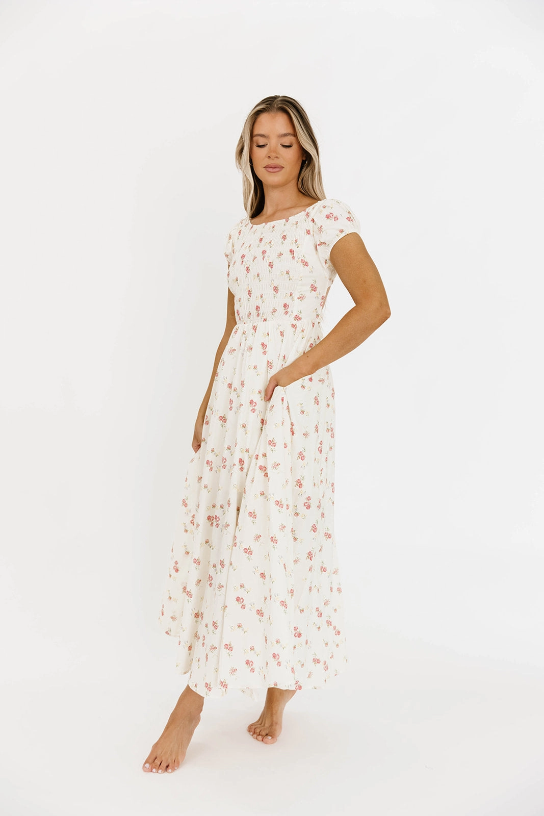 Professional Comfort Family Joy Denise 100% Cotton Smocked Maxi Dress with Piecing and Strappy Back in Cream Floral