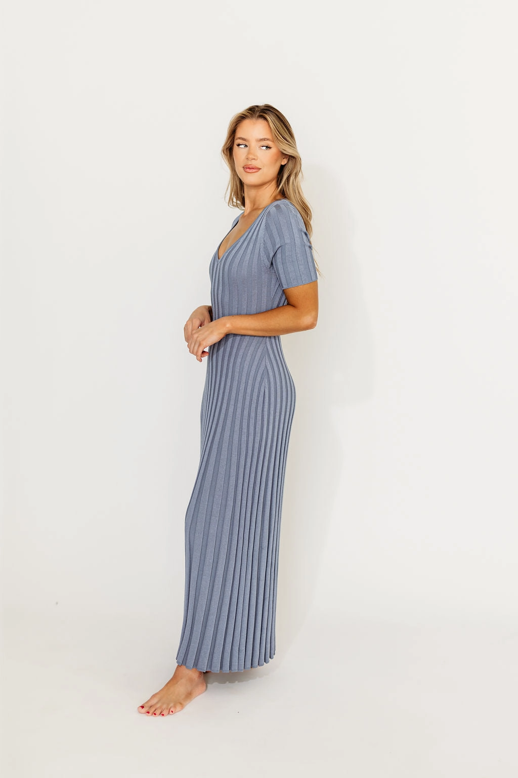 Oakley Ribbed Maxi Dress in Dusty Blue - Bump Friendly *Final-Sale* Stylish Silhouette Winter Classic