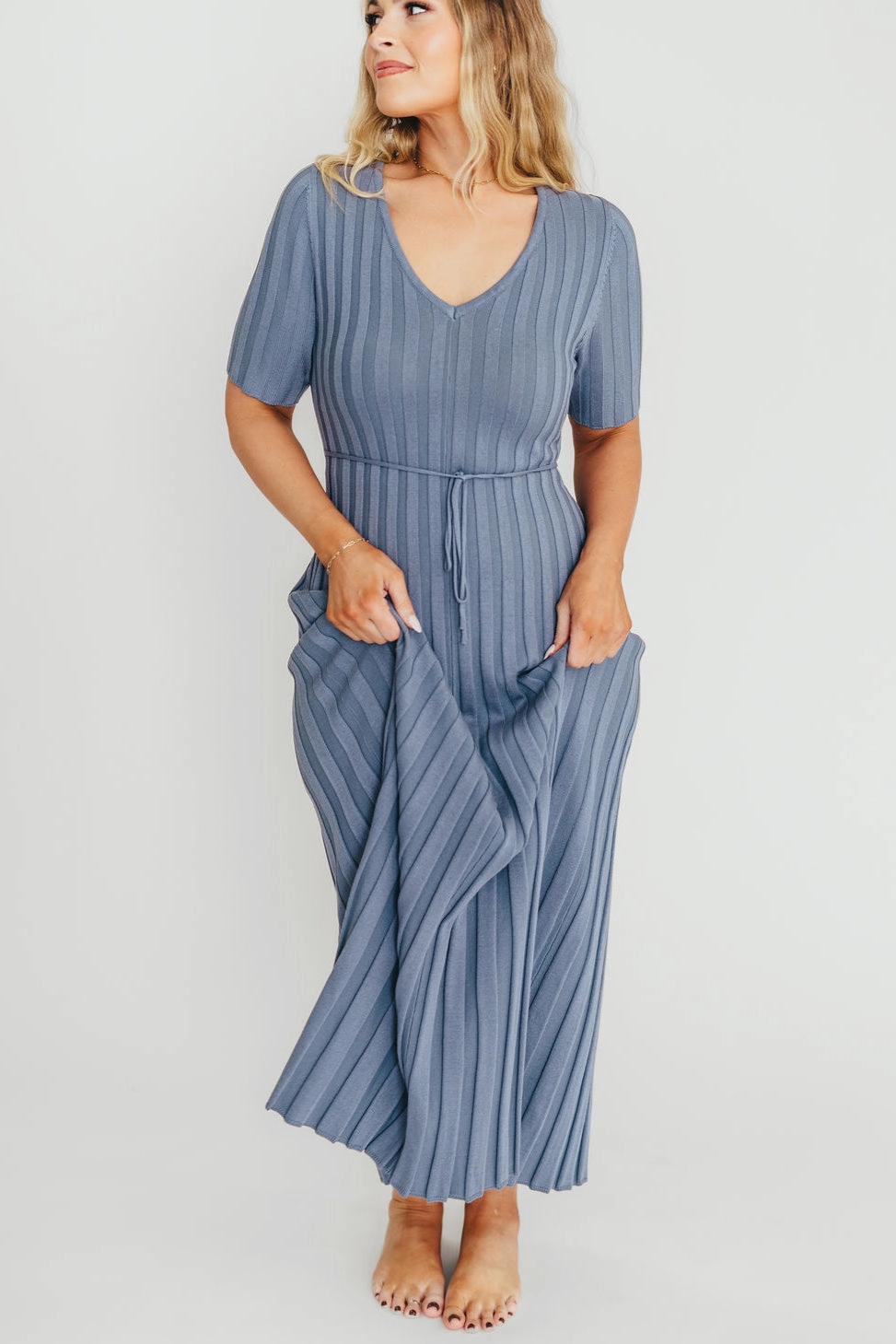 Oakley Ribbed Maxi Dress in Dusty Blue - Bump Friendly *Final-Sale* Smart Tailoring Vibe Style