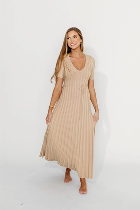 Chilly Day Layers Soft Pleats Oakley Ribbed Maxi Dress in Taupe - Bump Friendly *Final-Sale*