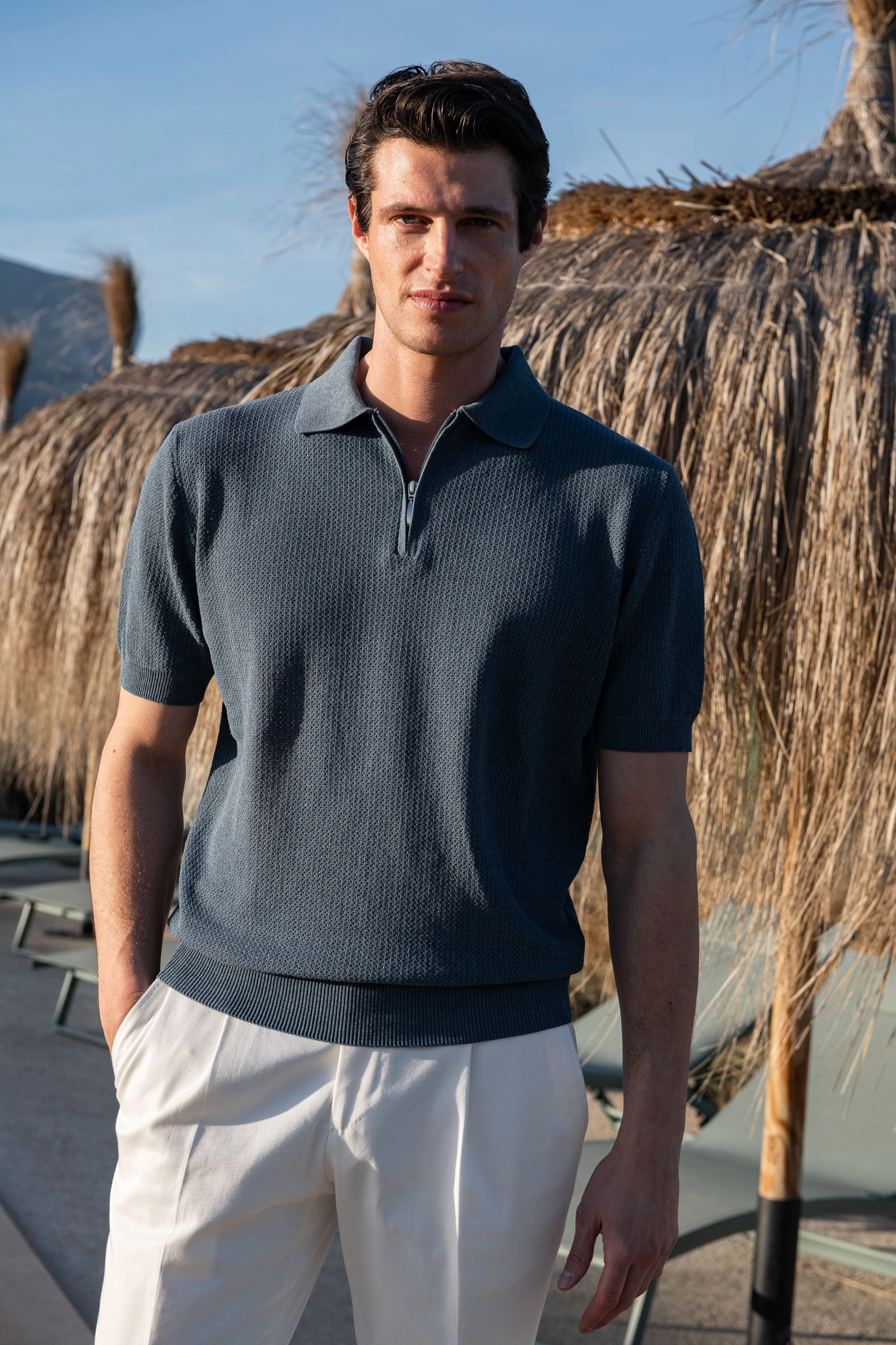 Ocean textured knit polo with zip - Made in Italy Quick Fit EcoCertified Wool Blend