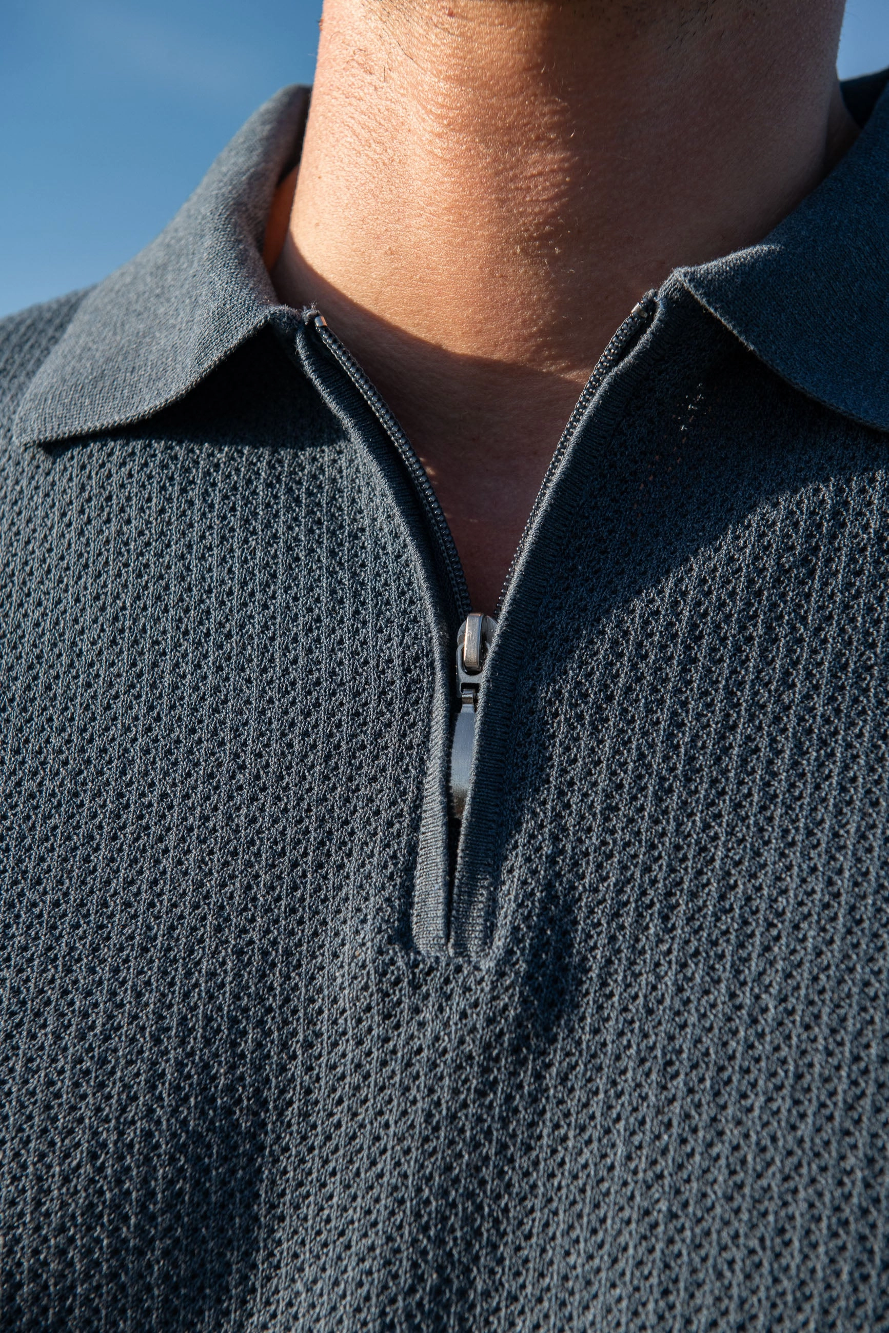 High Thread Count Ocean textured knit polo with zip - Made in Italy