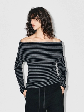 Waffle Knit Texture Year Round Off-shoulder Fitted Knit Top