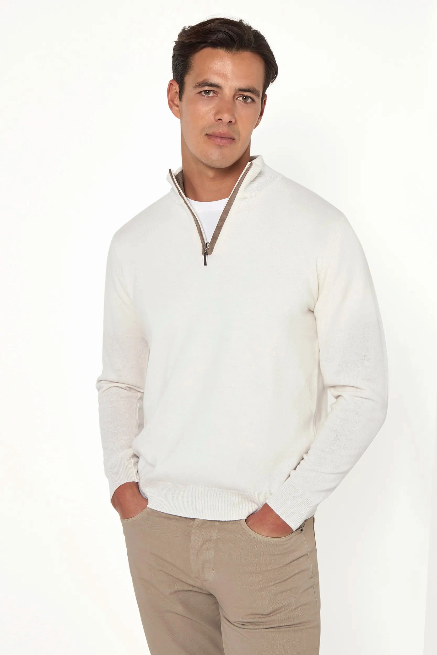 Off-white wool and cashmere half zip - Made in Italy Just Right WaterRepellent Finish