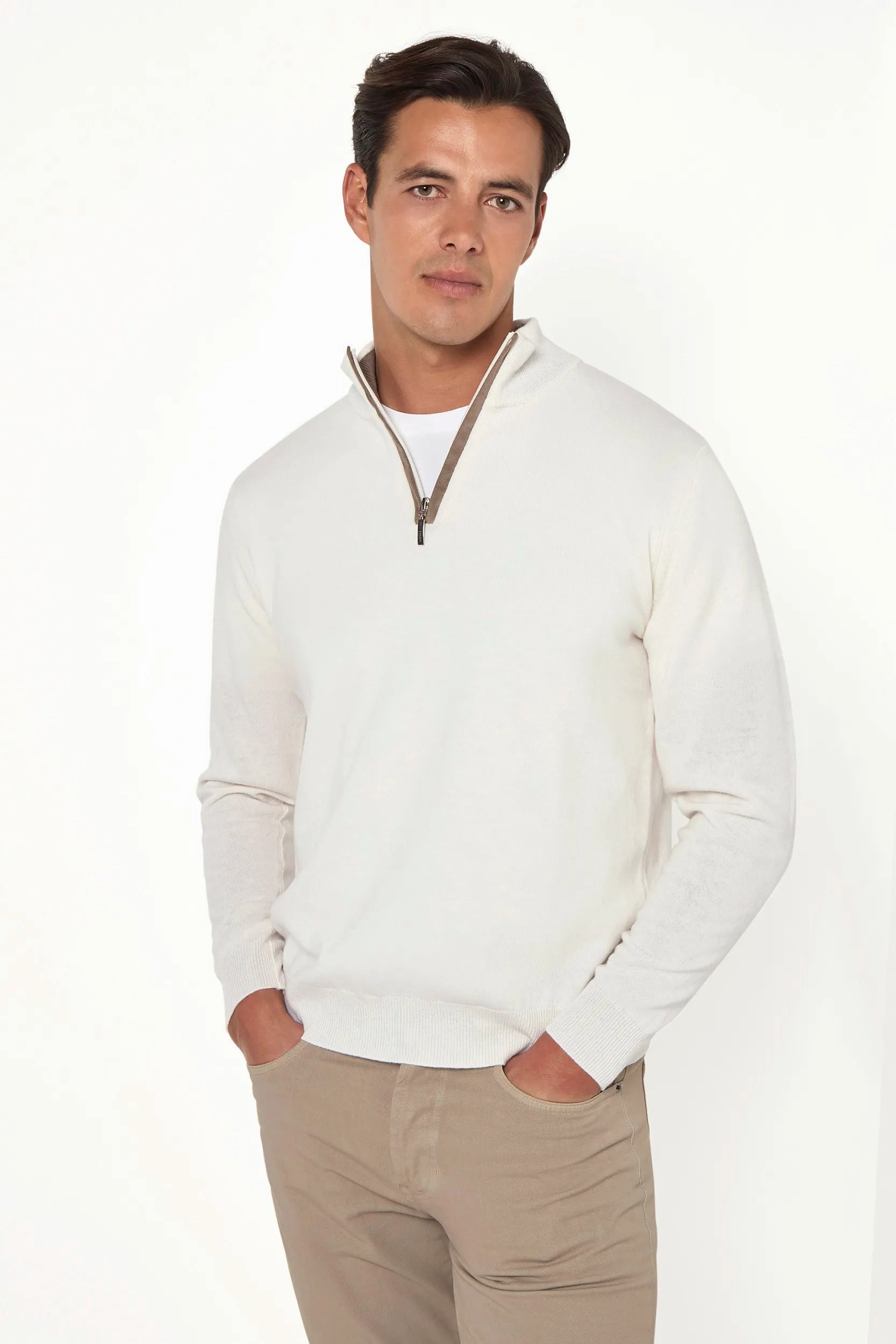 Stretch Recovery Yarn Off-white wool and cashmere half zip - Made in Italy