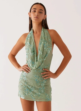 Olisa Cowl Neck Beaded Mini Dress - Mint Slender Look