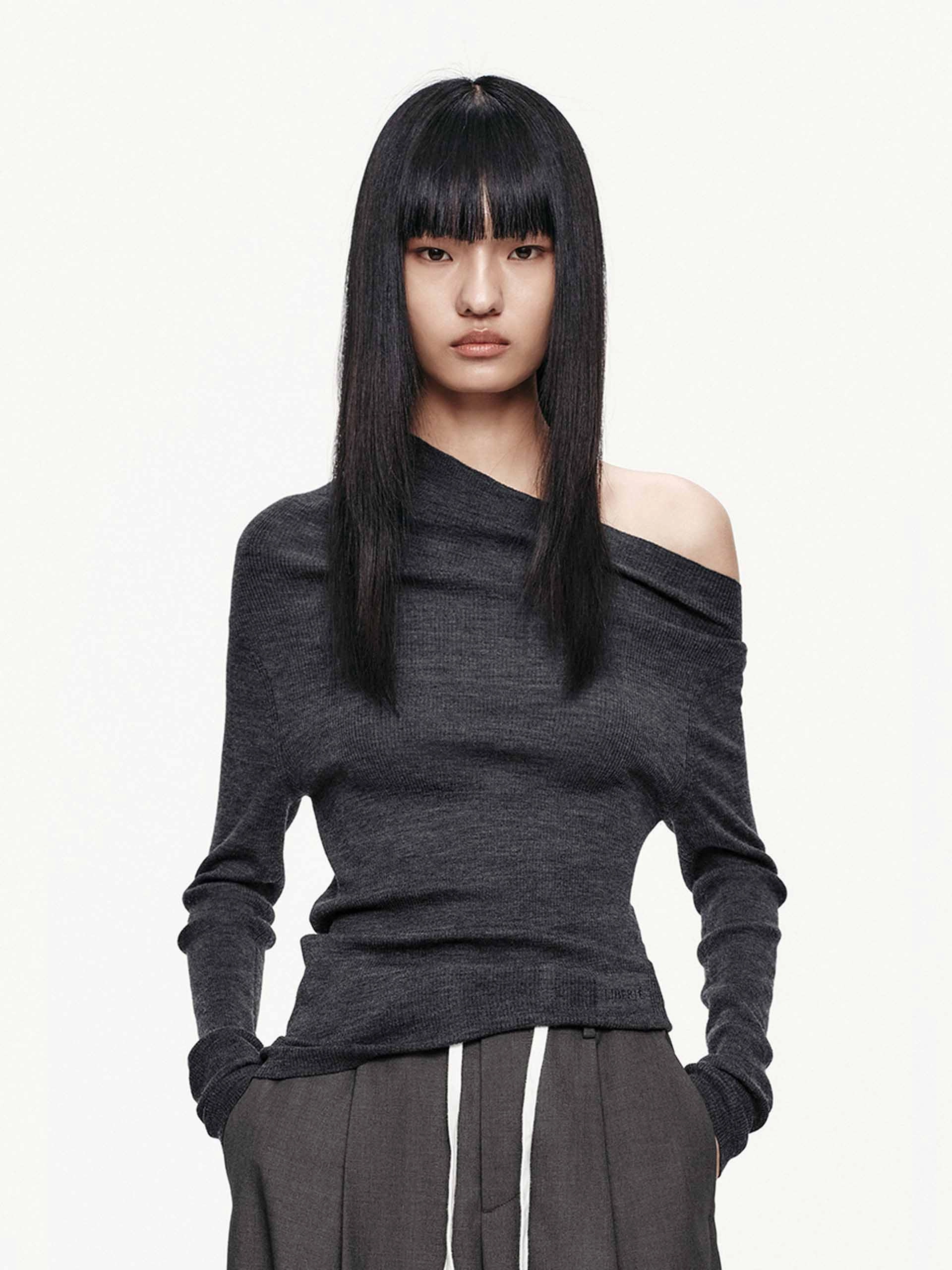 Daily Comfort Flexible Ribbing One-shoulder Wool Sweater