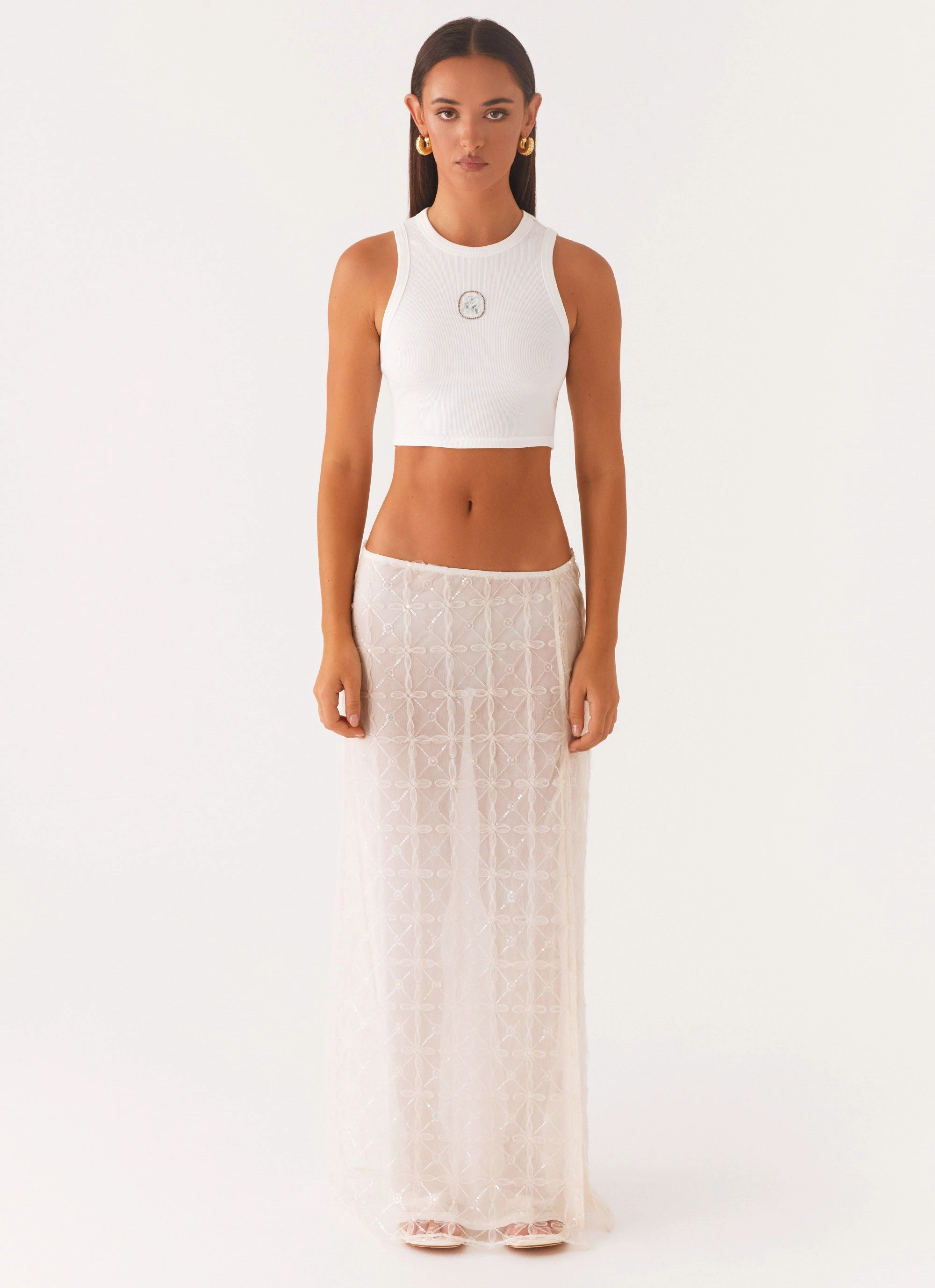 Hand Stitched Opal Sequin Maxi Skirt - White