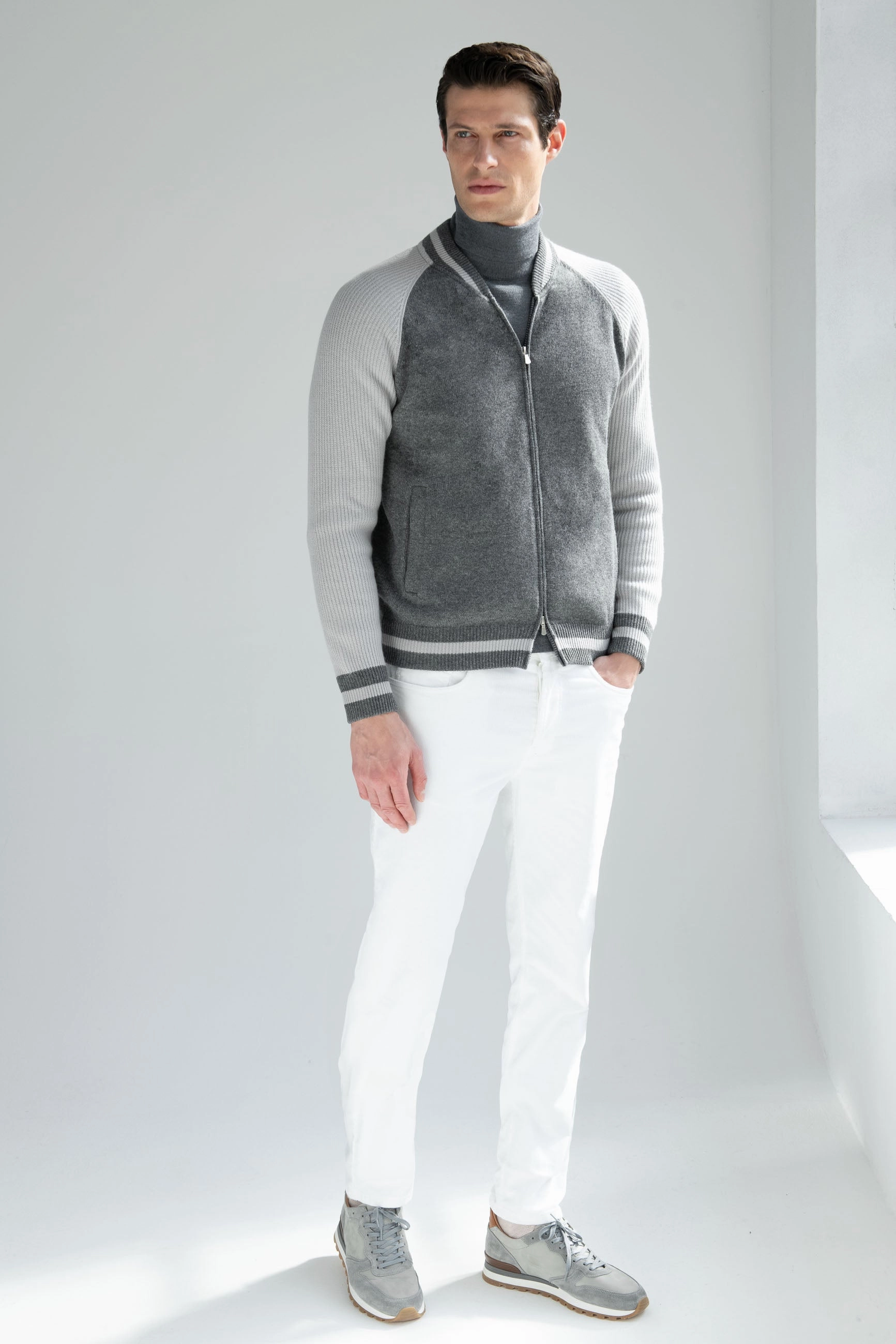 Circular Knit Stretch Flexibility Grey knitted college bomber - Made in Italy