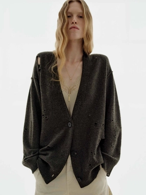 Ripped Detail Button Cardigan Lightweight Thermal Weave