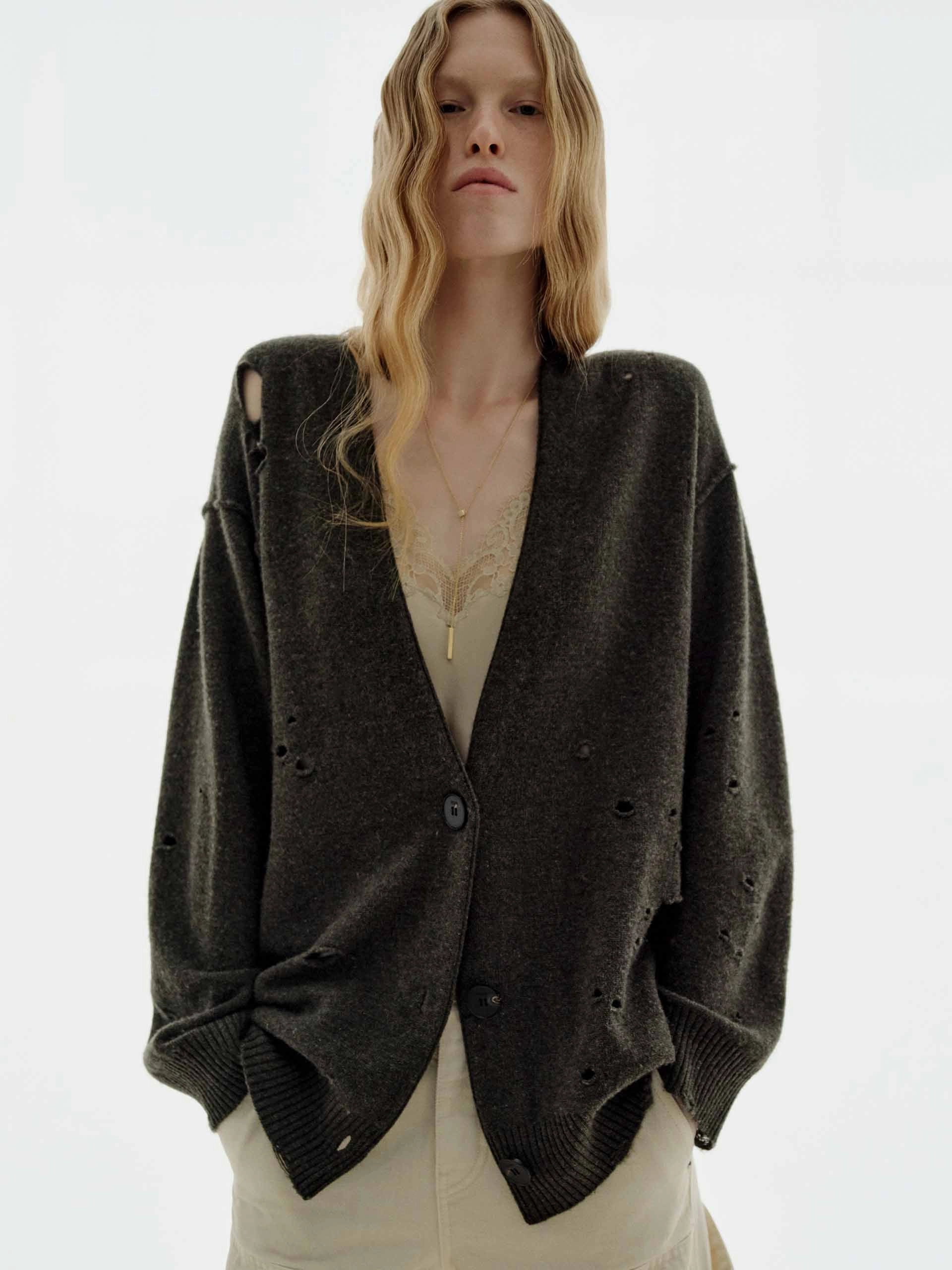 Ripped Detail Button Cardigan Lightweight Thermal Weave