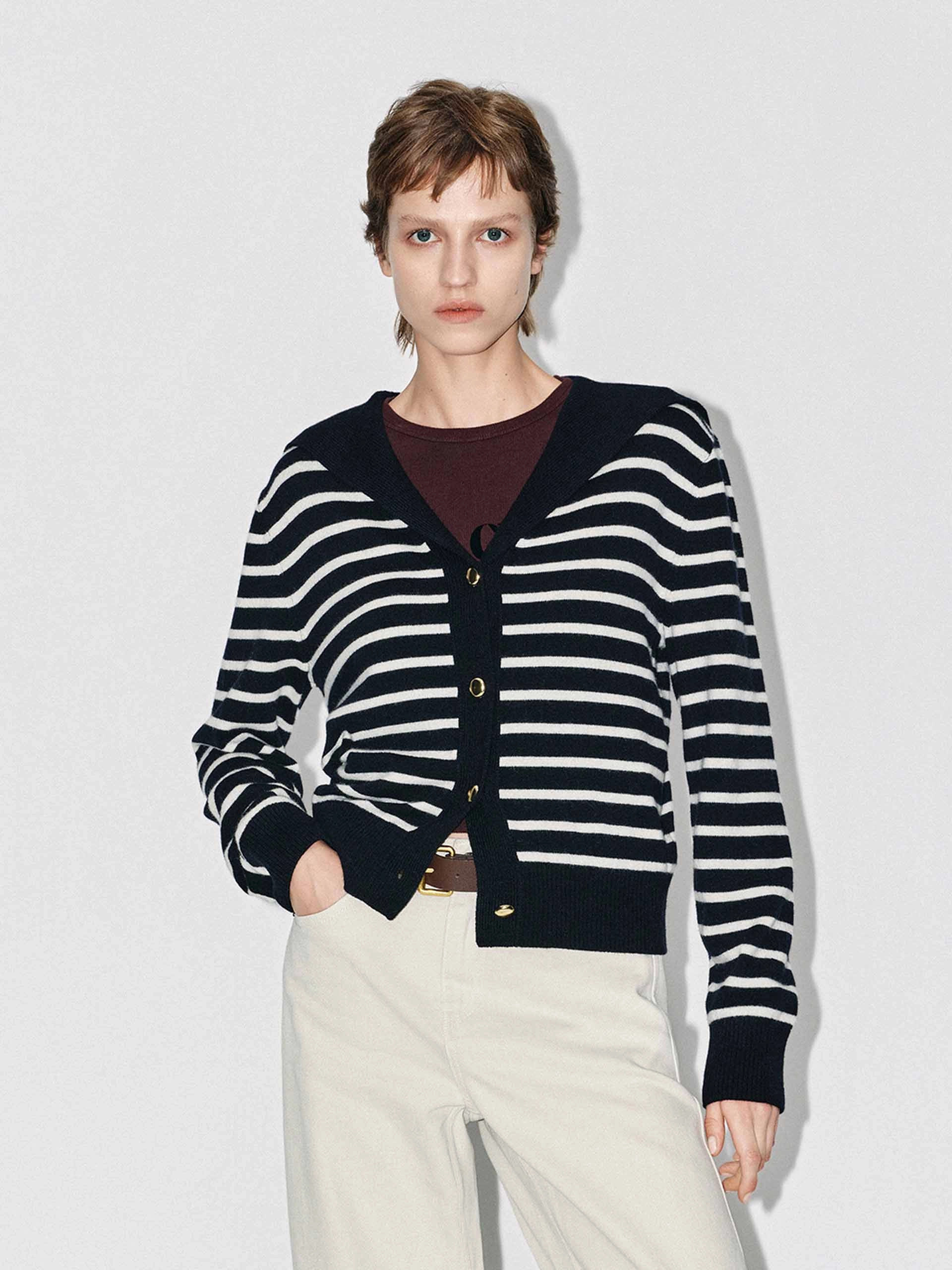 Wool Blend Striped Cardigan Compression Fit Technology