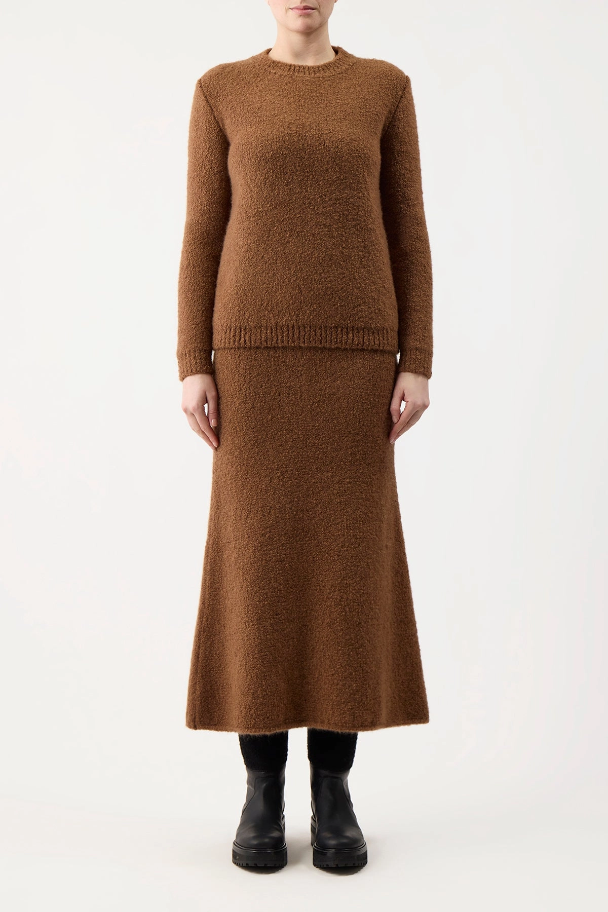 Pablo Knit Midi Skirt in Cognac Cashmere Silk Boucle WrinkleResistant Moisture Wicking Technology