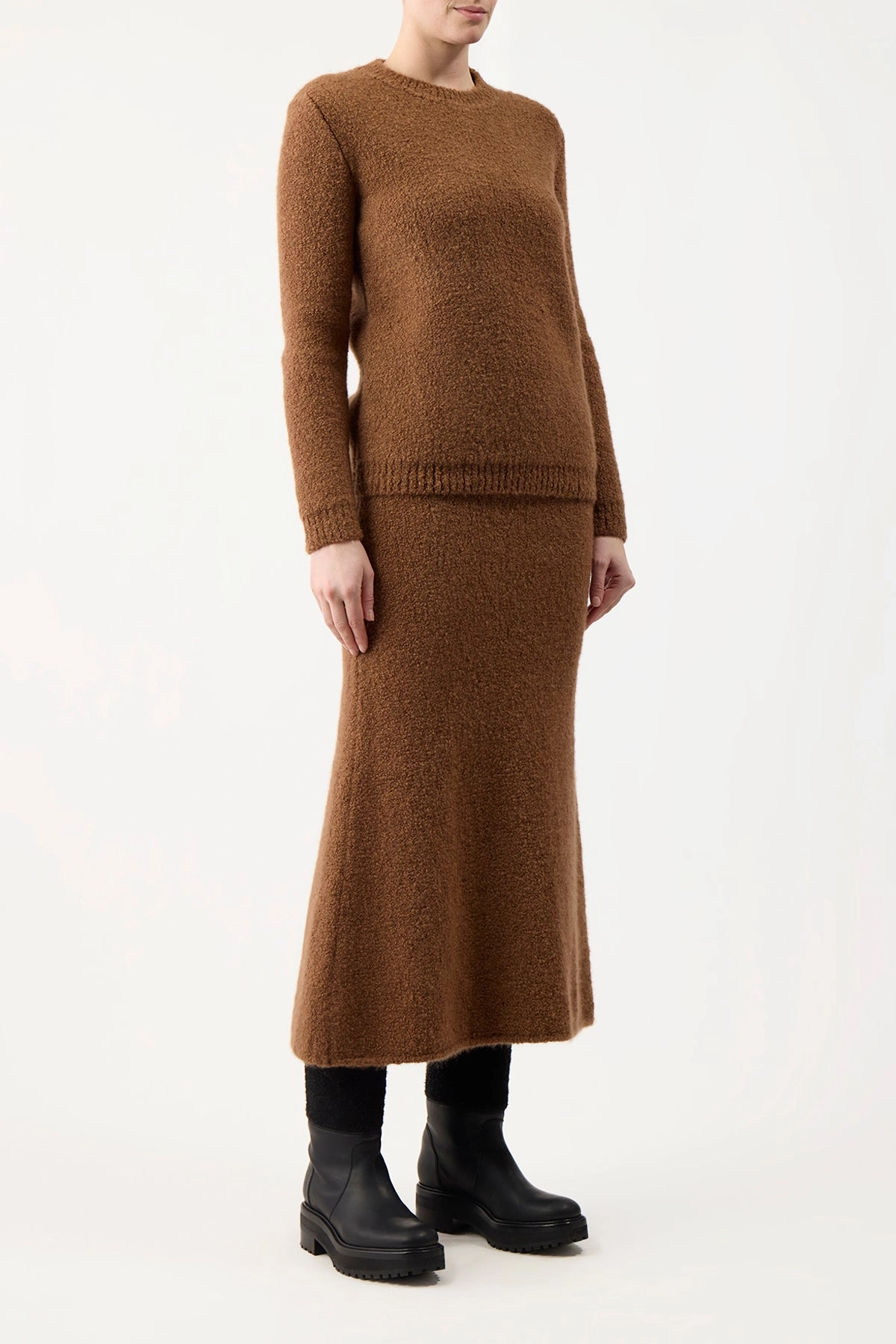 Pablo Knit Midi Skirt in Cognac Cashmere Silk Boucle Modern Texture Subtle Details