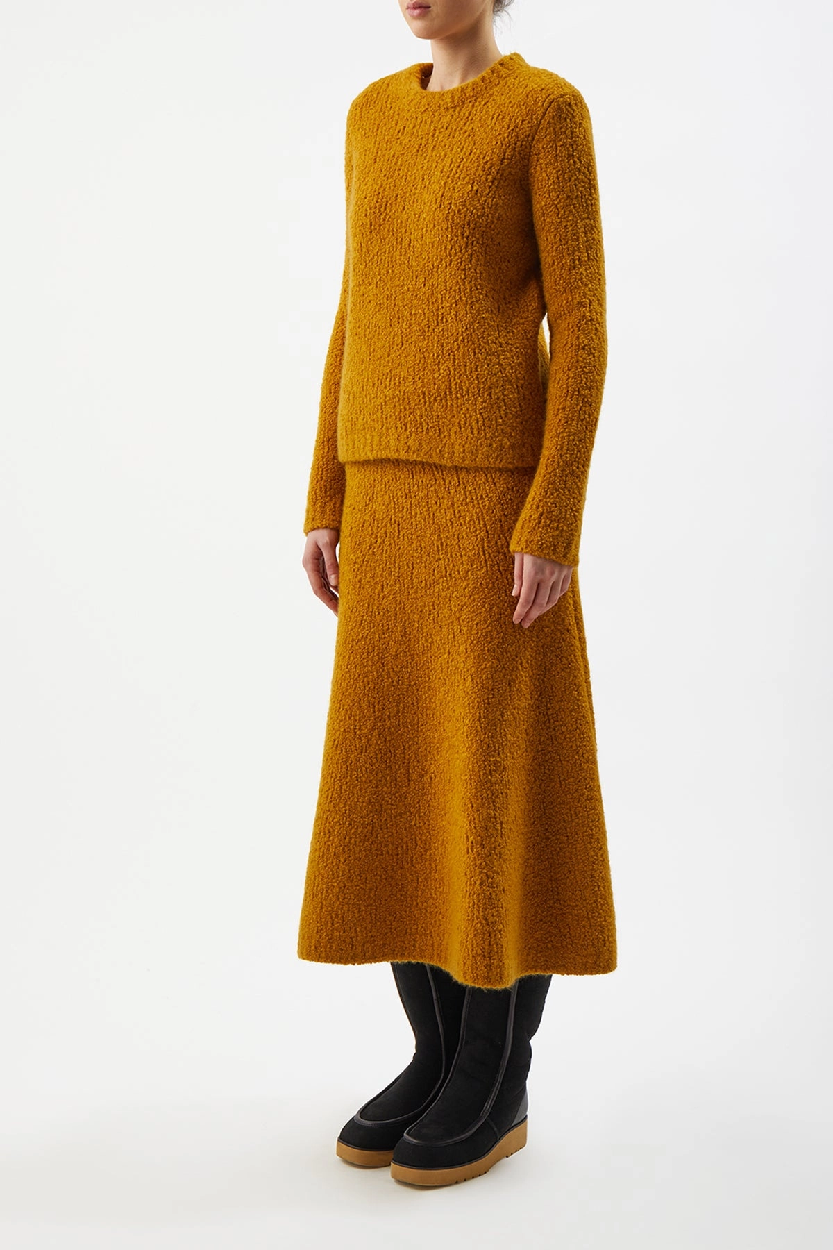 EcoConscious Production Easy Silhouette Pablo Knit Midi Skirt in Saffron Cashmere Silk Boucle