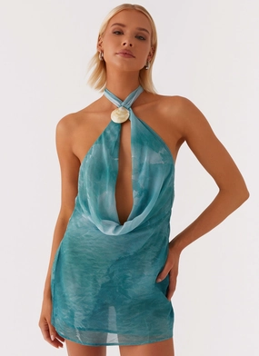 Chic Spirit Oceans Away Deep Cowl Mini Dress - Green Tie Dye