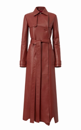 Pavel Raw Cut Trench Coat in Burnt Sienna Soft Leather Practical Everyday Fit