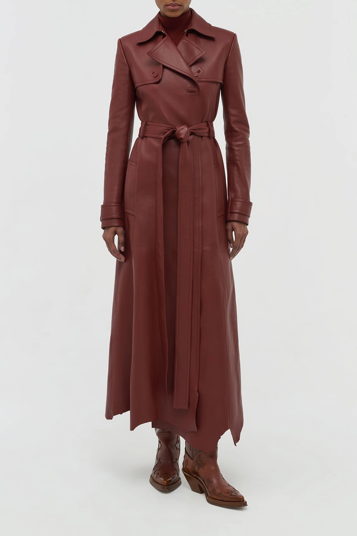 QuickDryMaterial Pavel Raw Cut Trench Coat in Burnt Sienna Soft Leather