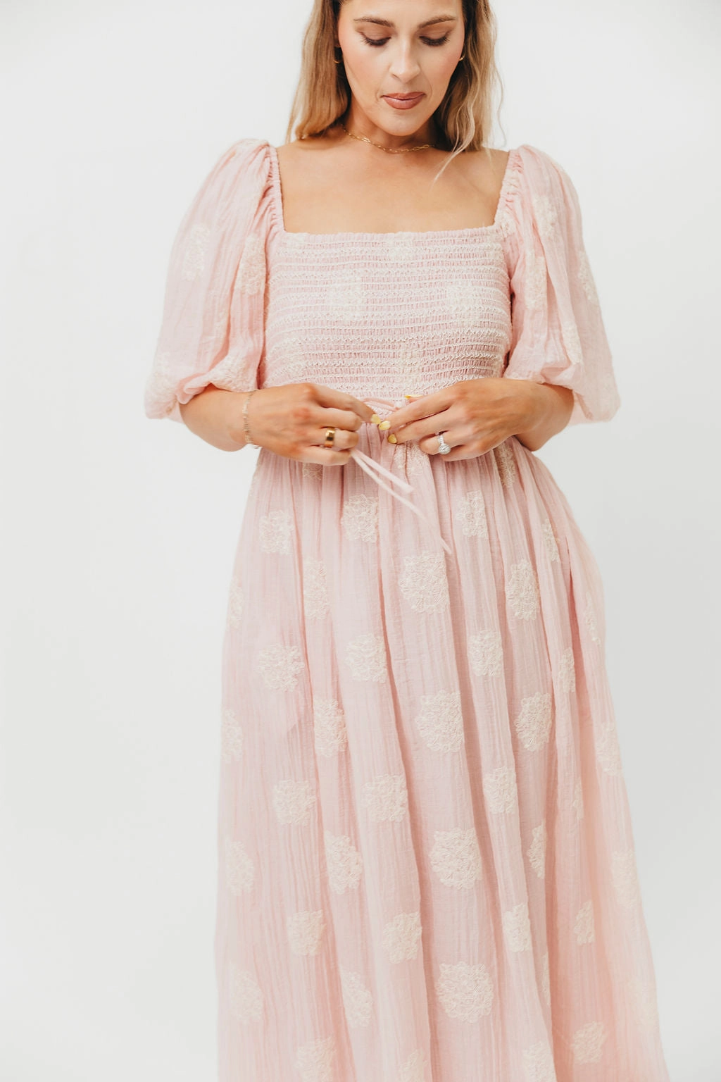 Aimee Smocked Embroidered Floral Midi Dress in Blush Pleated-Skirt Chic Tailoring