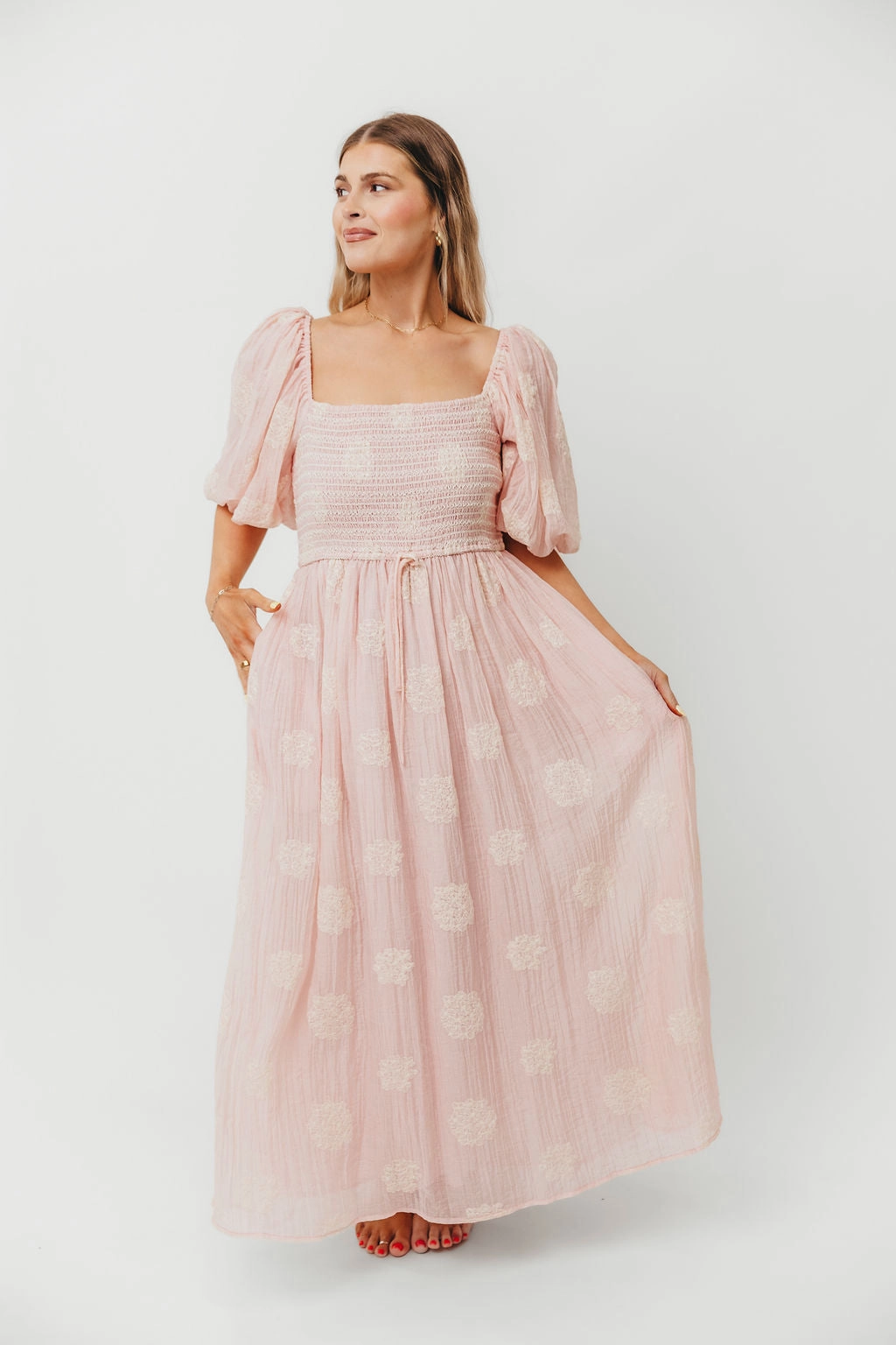 Comfortable Cut Aimee Smocked Embroidered Floral Midi Dress in Blush