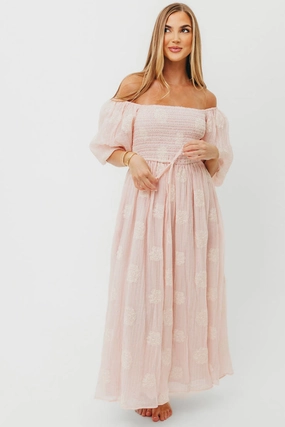 Aimee Smocked Embroidered Floral Midi Dress in Blush Lightweight Piece Relaxed Waist Fit