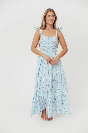 All Day Look Street-Style Kathryn Tie Shoulder Maxi Dress in Ivory/Blue Floral *Final-Sale*