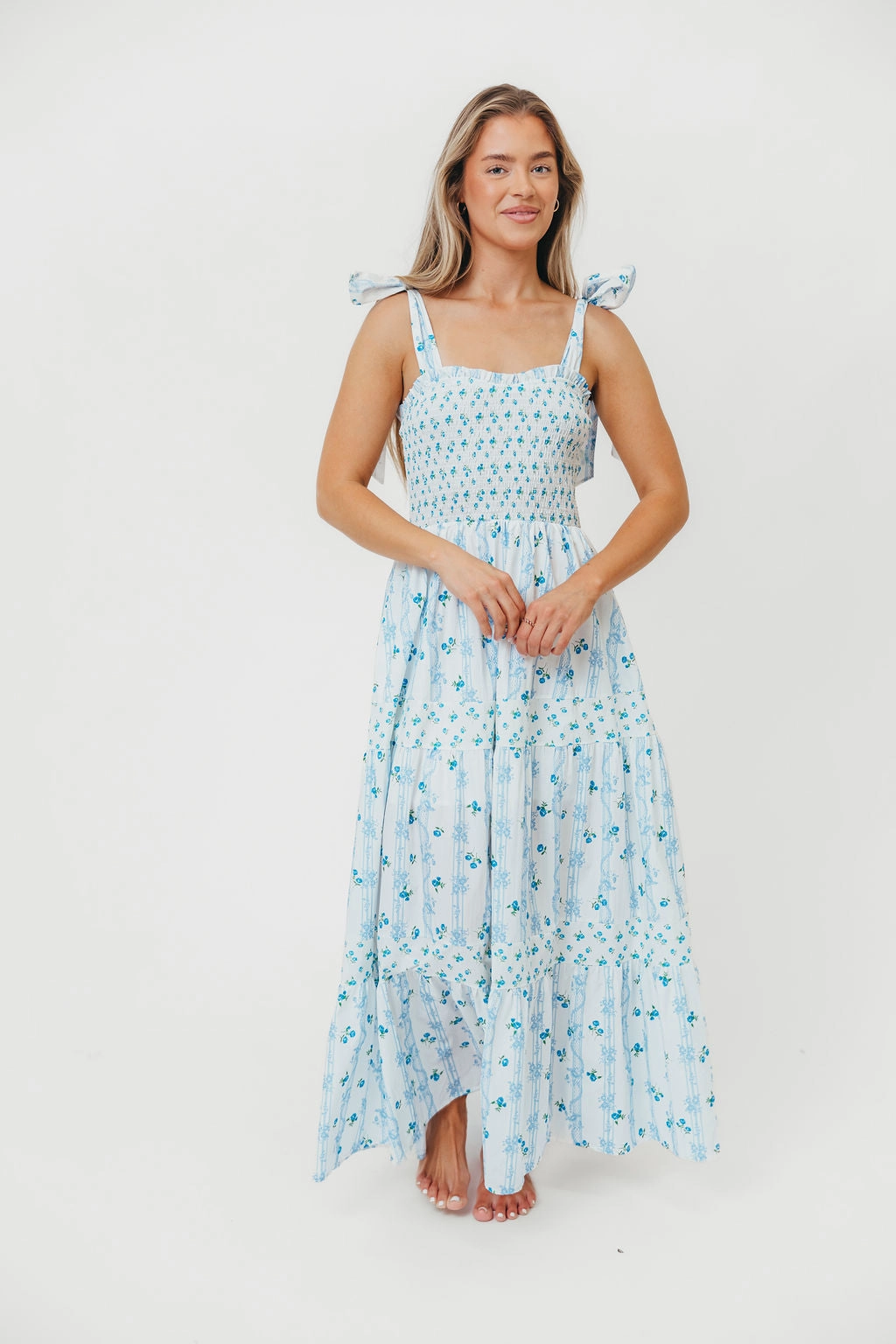 All Day Look Street-Style Kathryn Tie Shoulder Maxi Dress in Ivory/Blue Floral *Final-Sale*